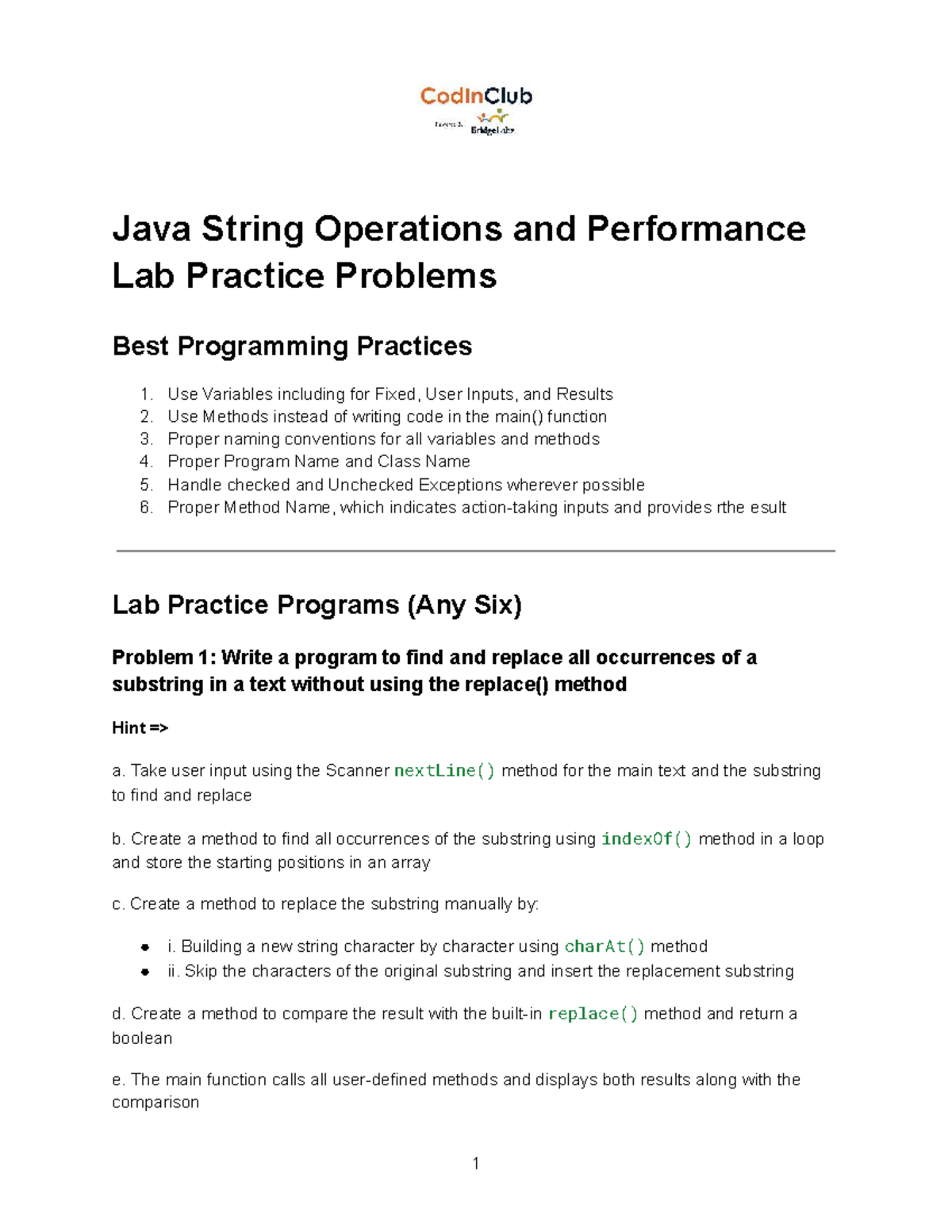 S2 - Java String Operations & Performance Lab Practice Problems - Studocu