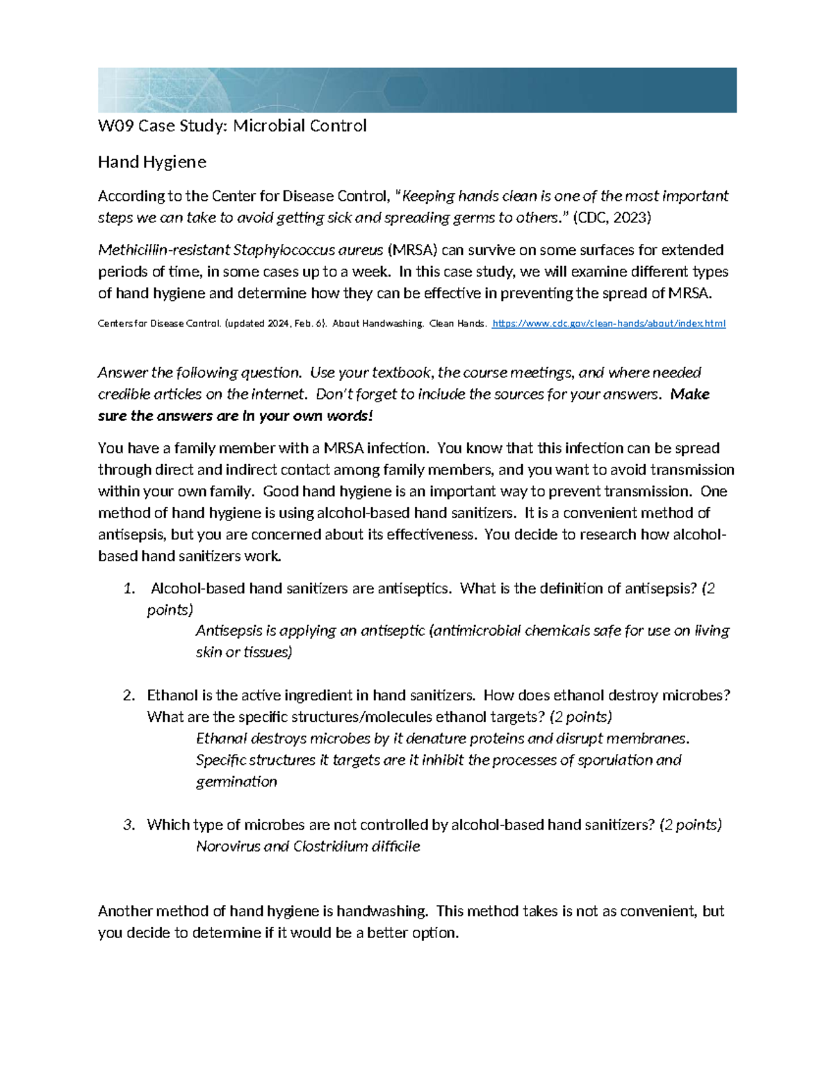 W09 Case Study: Hand Hygiene & MRSA Control in BIO 221 - Studocu