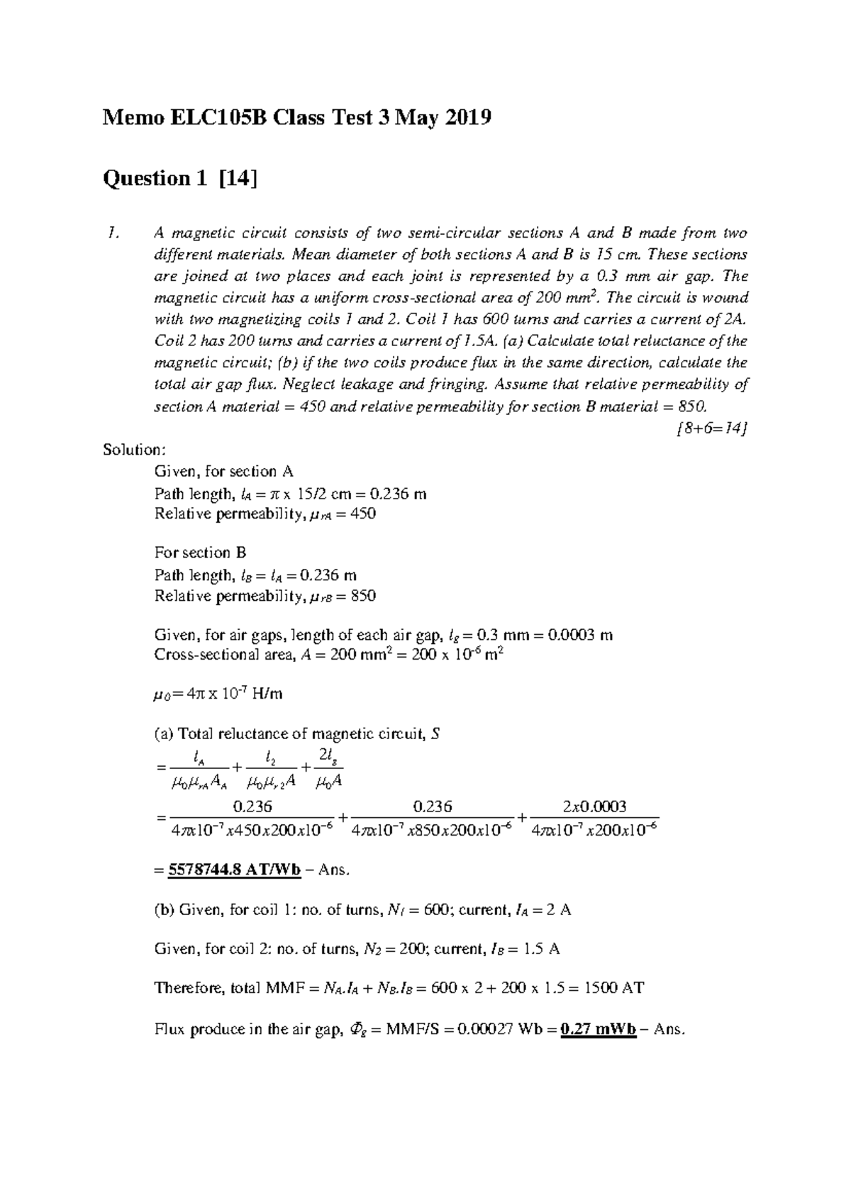 Memo ELC105B Class Test 2 Solutions - Magnetic Circuits - Studocu