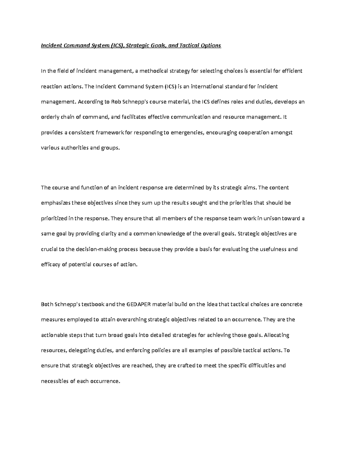 Term Project - Incident Command System (ICS), Strategic Goals, and ...