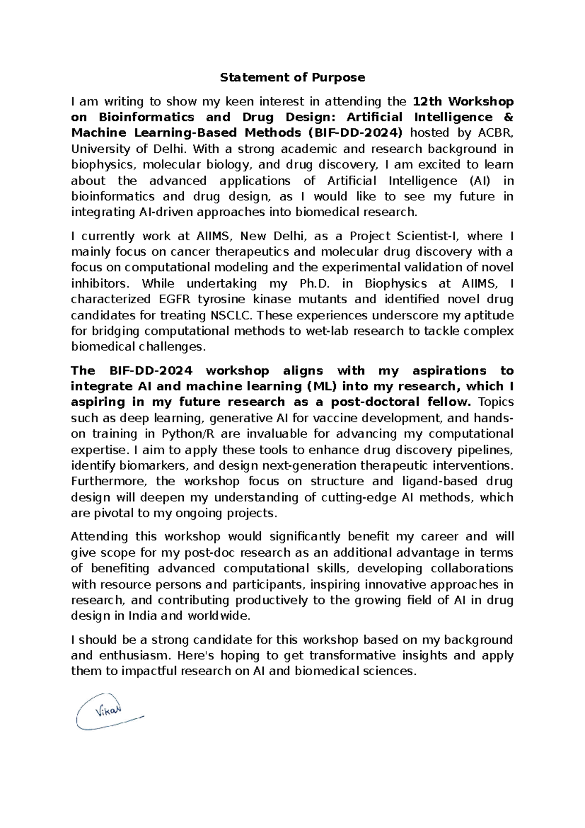 Statement of Purpose - Documents format For Post doc position ...