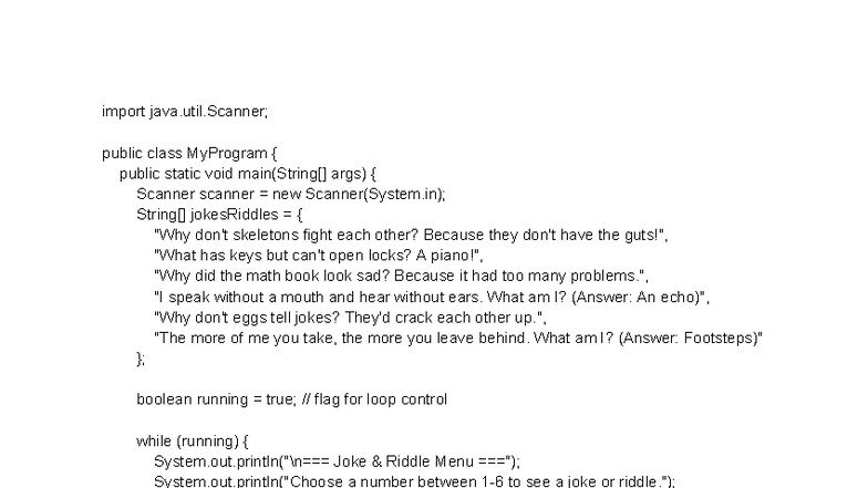 CS101: Java Programming - Jokes and Riddles Code Example - Studocu