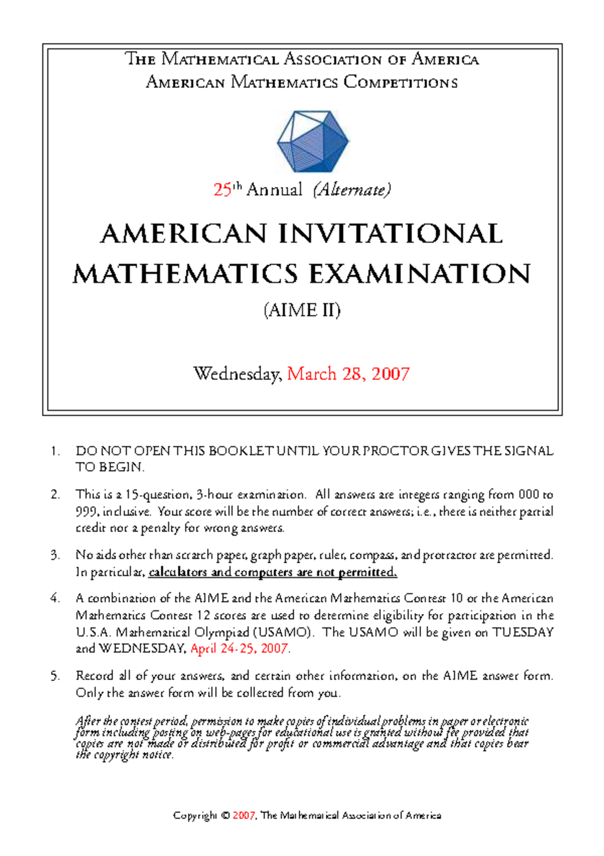 2007 AIME II - American Mathematics Competitions Exam Details - Studocu