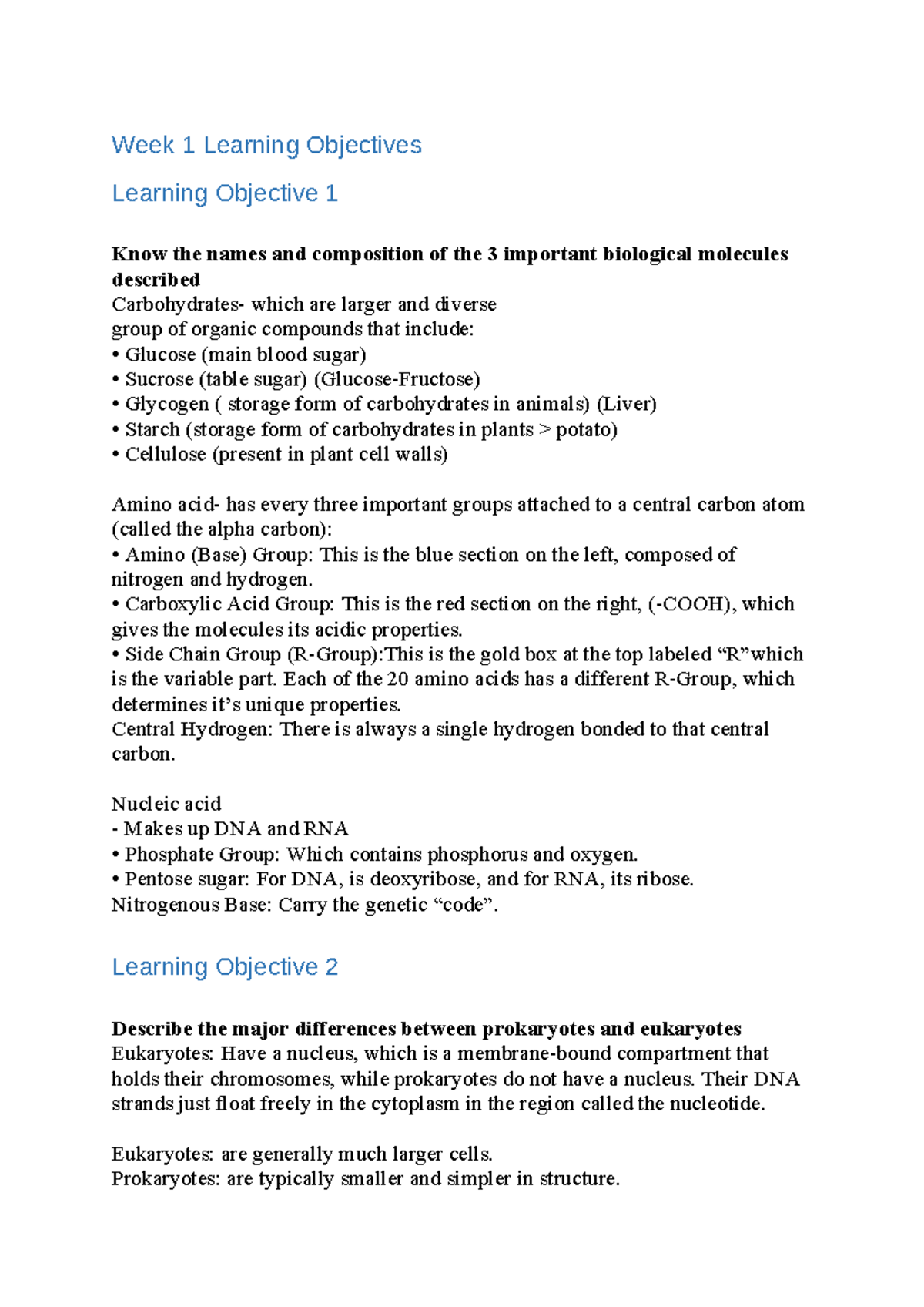 BIO101 Week 1 Learning Objectives: Biological Molecules & Cell Division ...