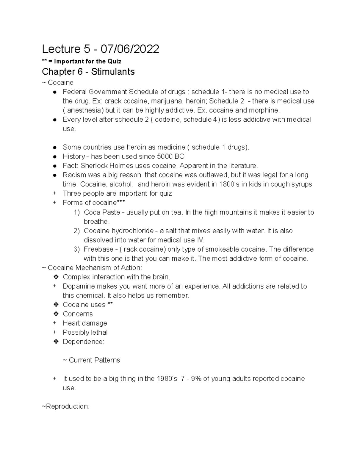 Lecture 5 Notes - Lecture 5 - 07/06/ **** = Important for the Quiz ...