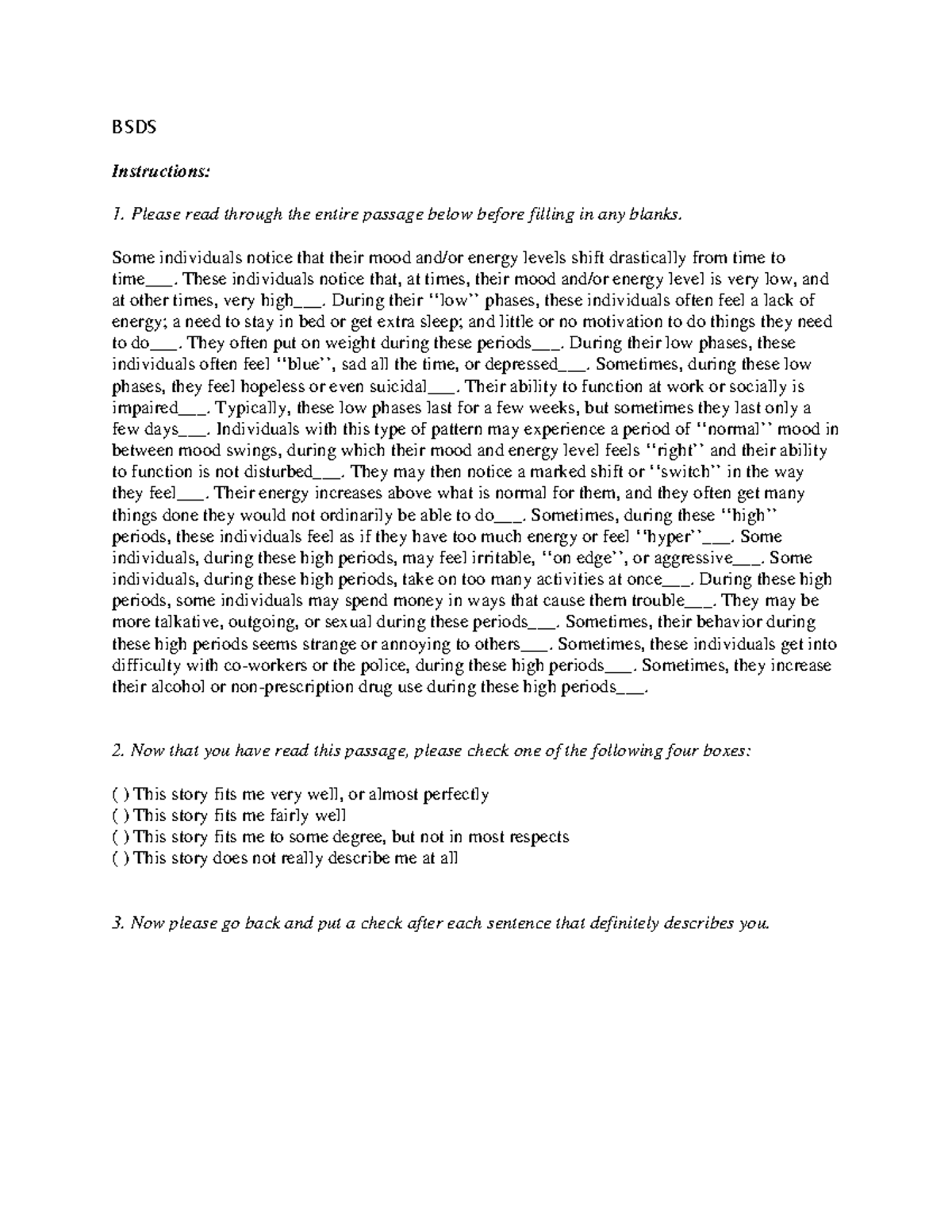 BSDS self English v1 - Idk - BSDS Instructions: Please read through the ...