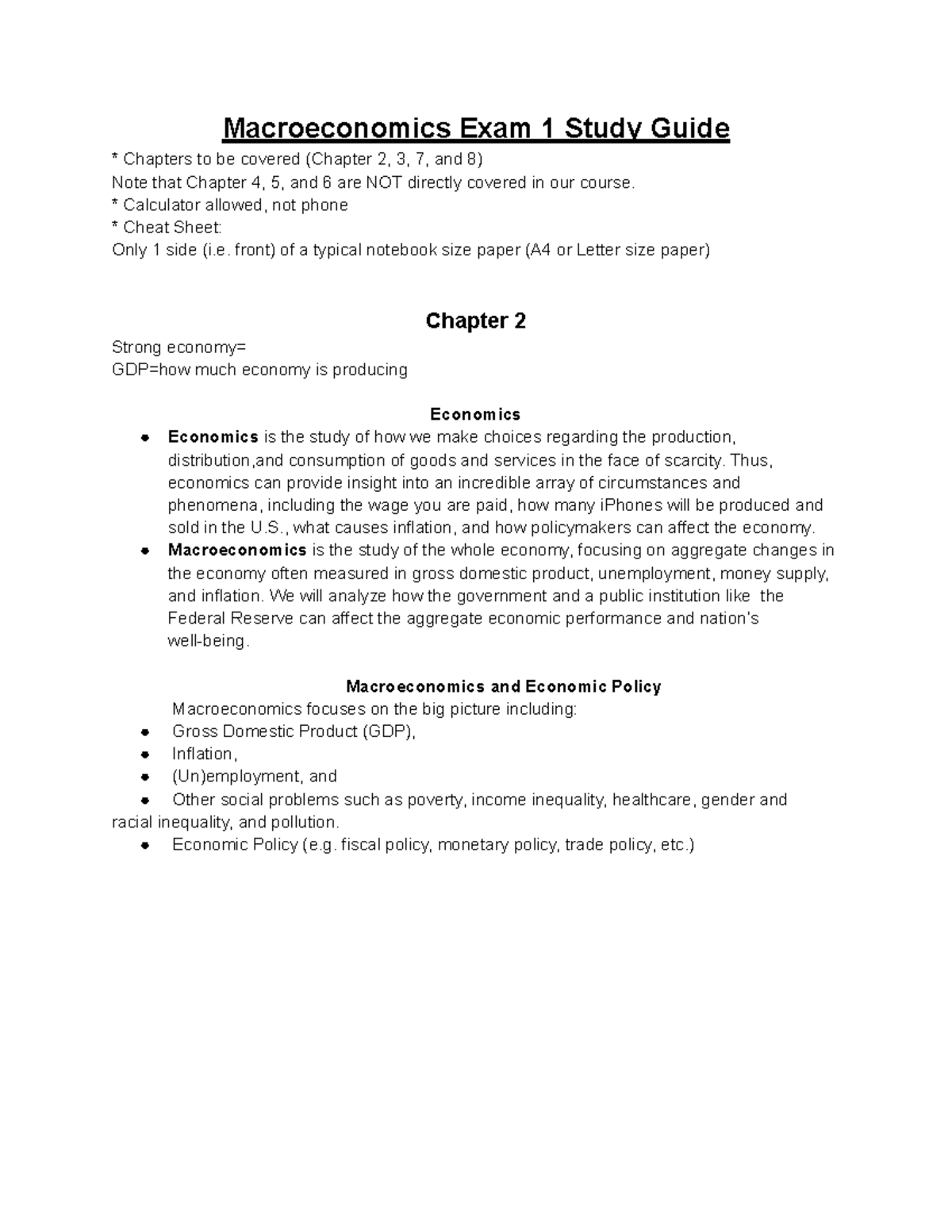 Macro 1002 - Study Guide for Exam 1: Key Concepts & Policies - Studocu