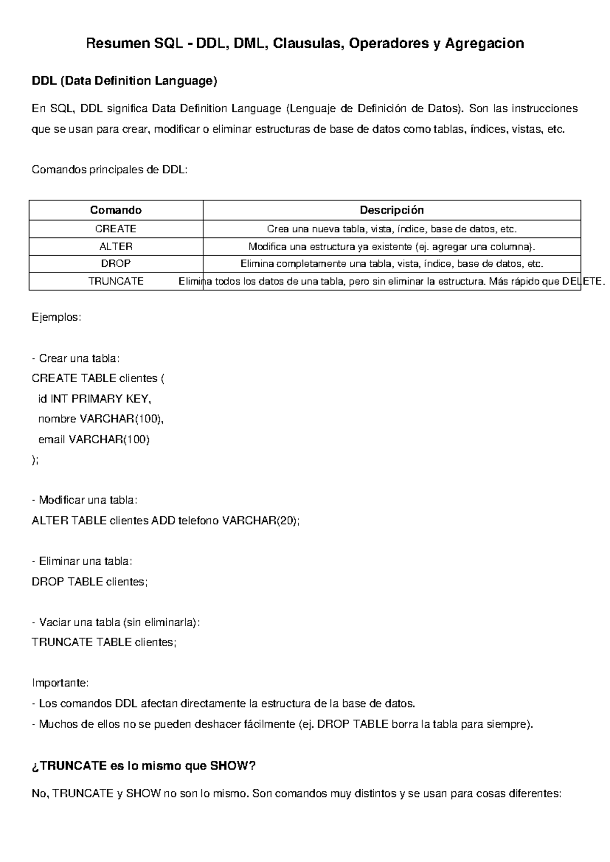 Resumen SQL DDL y DML: Estructuras, Operadores y Agregación - Studocu