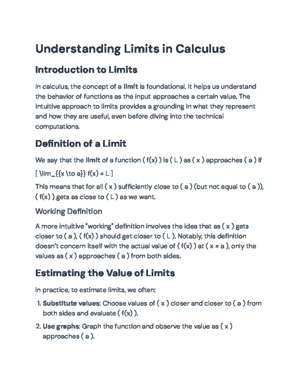 Understanding Limits in Calculus: Concepts and Estimations ...