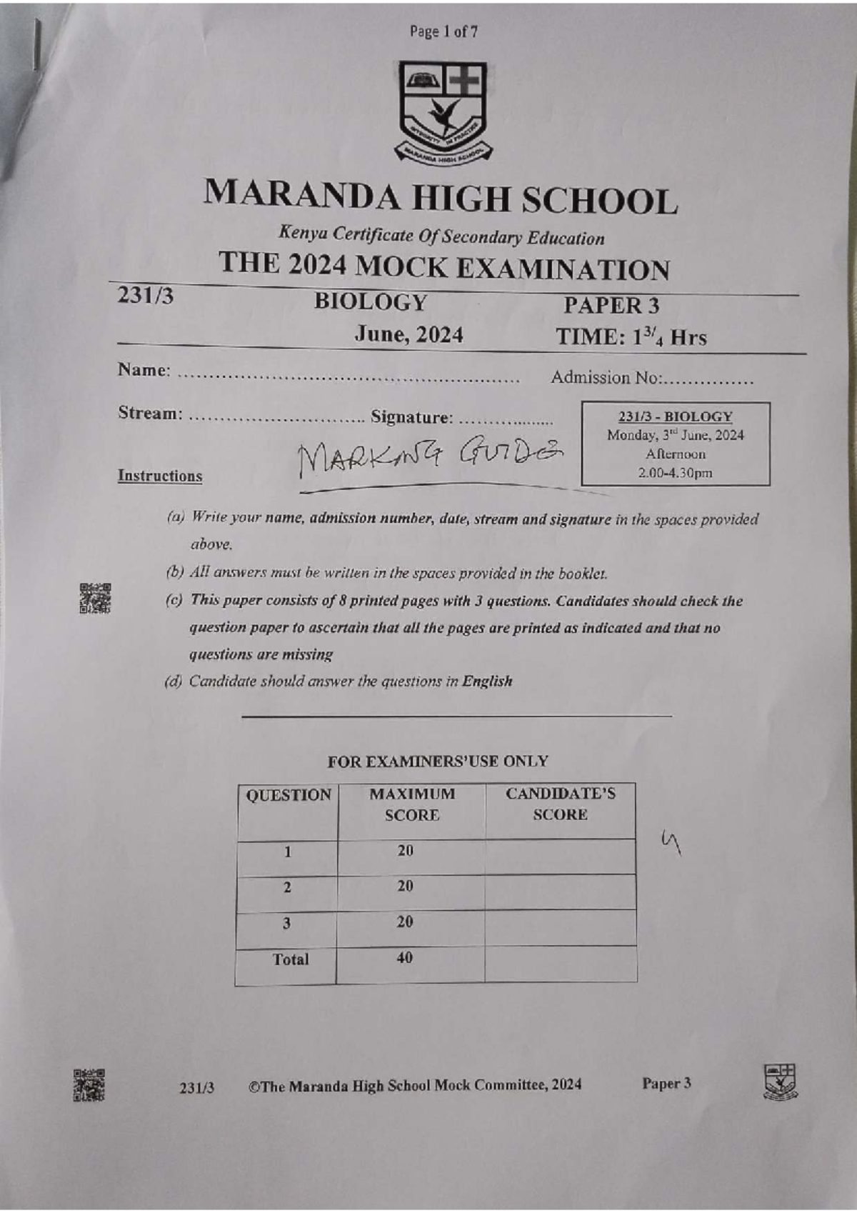 HOIN MARANDA HIGH SCHOOL KCSE 2024 MOCK BIOLOGY PAPER 3 - Studocu