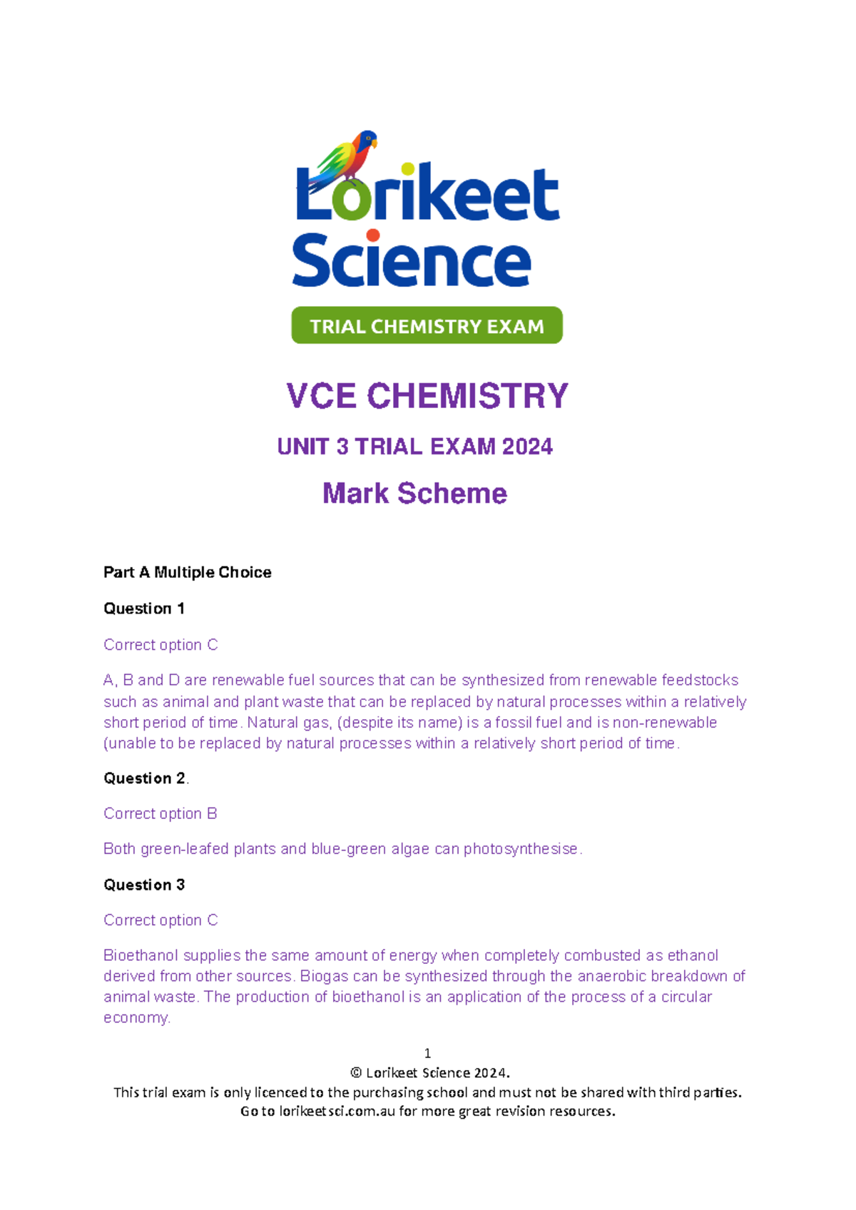 VCE CHEMISTRY UNIT 3 TRIAL EXAM 2024 Mark Scheme & Solutions - Studocu