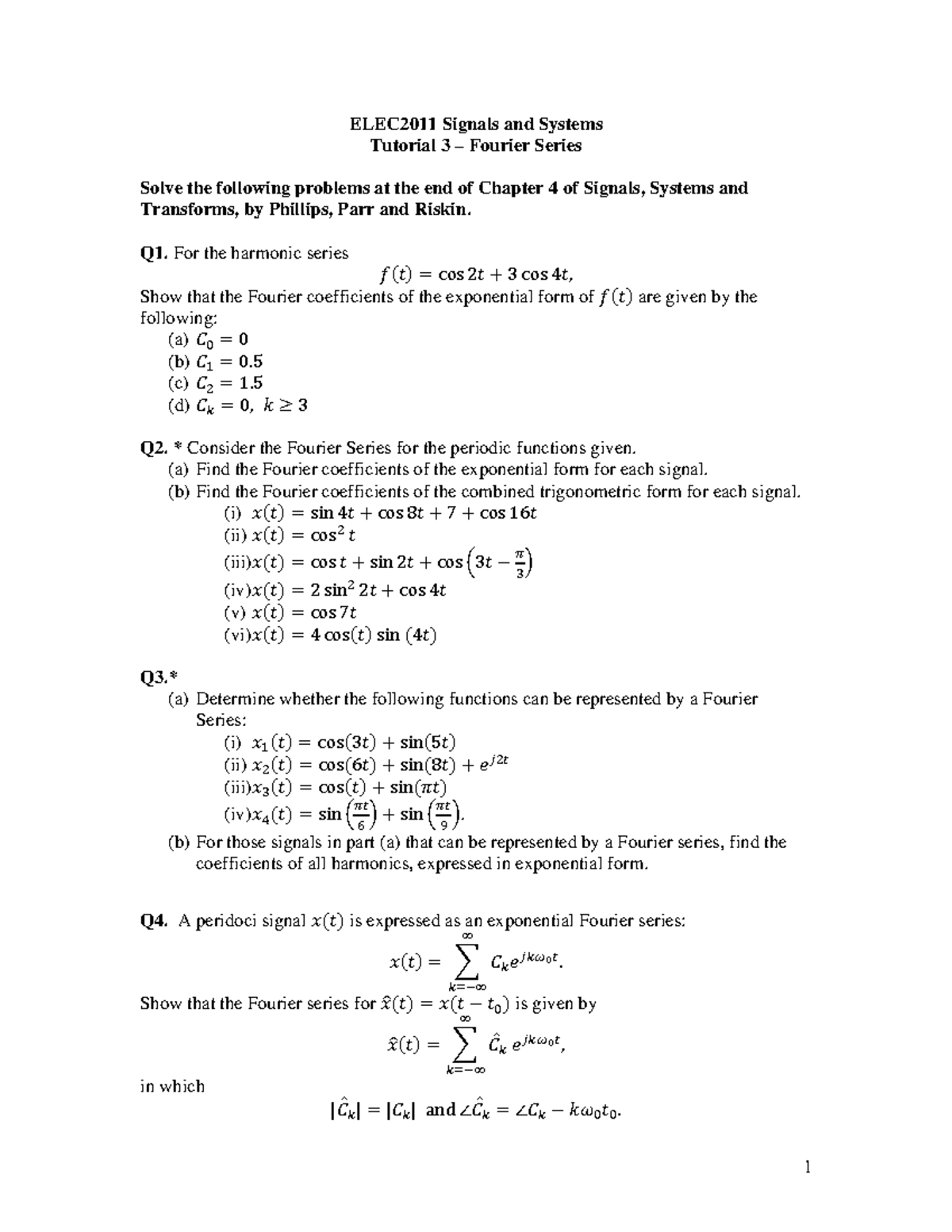 ELEC2011 Signals and Systems Tutorial 3: Fourier Series Problems - Studocu