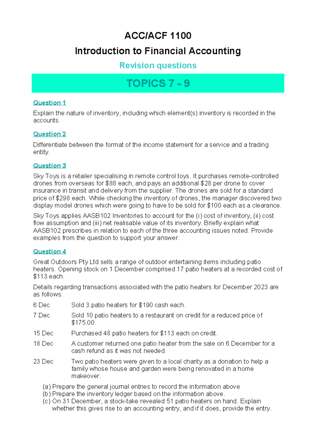 1100 Financial Accounting Revision Questions for Topics 7-9 - Studocu