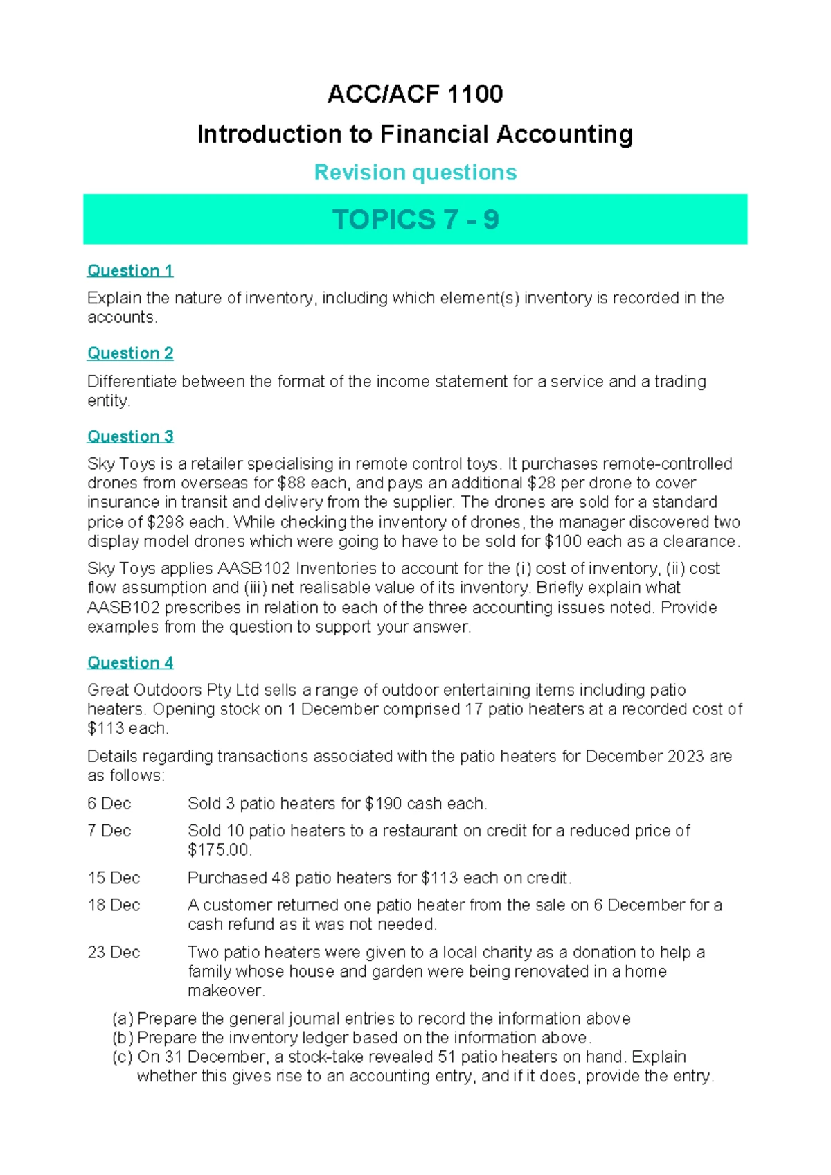 1100 Financial Accounting Revision Questions: Topics 1-3 Overview - Studocu