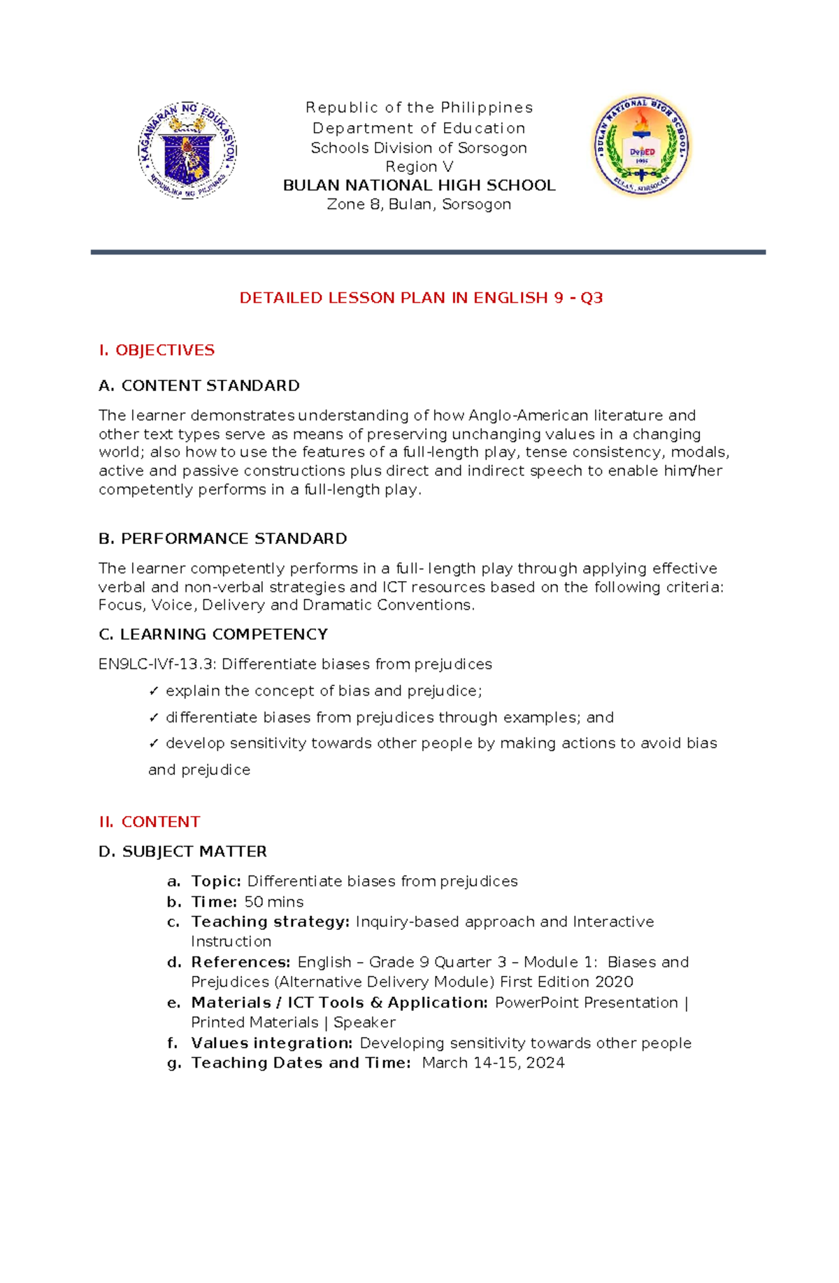 Detailed Lesson Plan in English 9: Bias and Prejudice DLP - Studocu