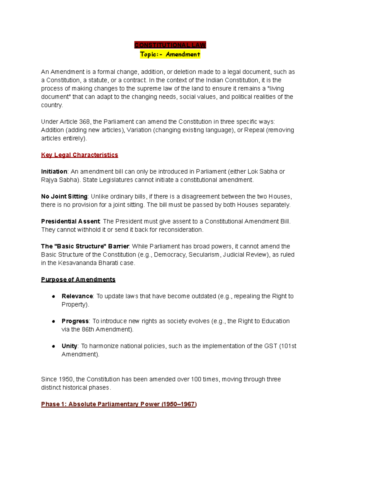 Constitutional Law (LAW101): Lecture Notes on Amendments - Studocu