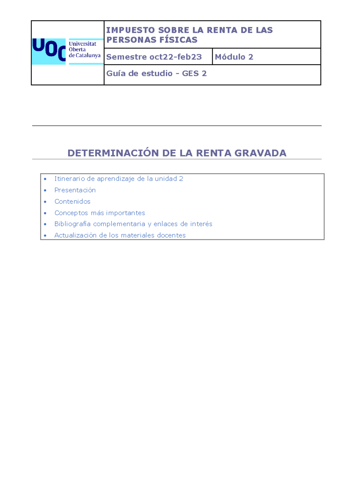 Guía de Estudio GES 2: Impuesto sobre la Renta (Oct22-Feb23) - Studocu