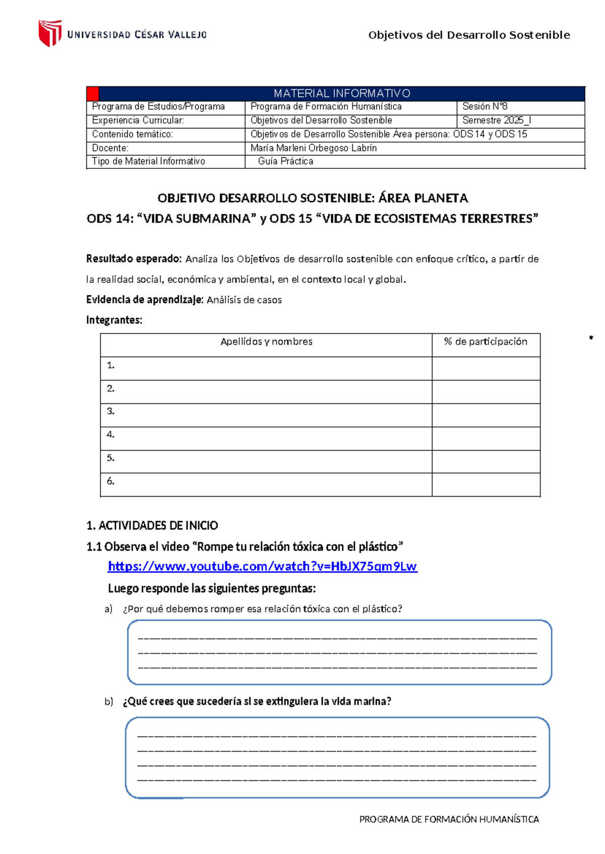 Guía Práctica N° 08: Objetivos de Desarrollo Sostenible ODS 14 y 15 ...