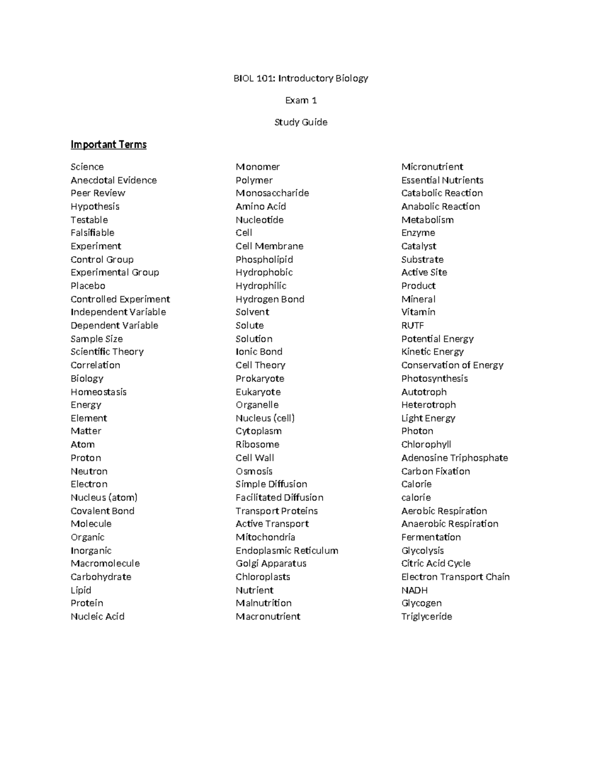 BIOL 101: Exam 1 Study Guide - Important Terms and Concepts - BIOL 101 ...