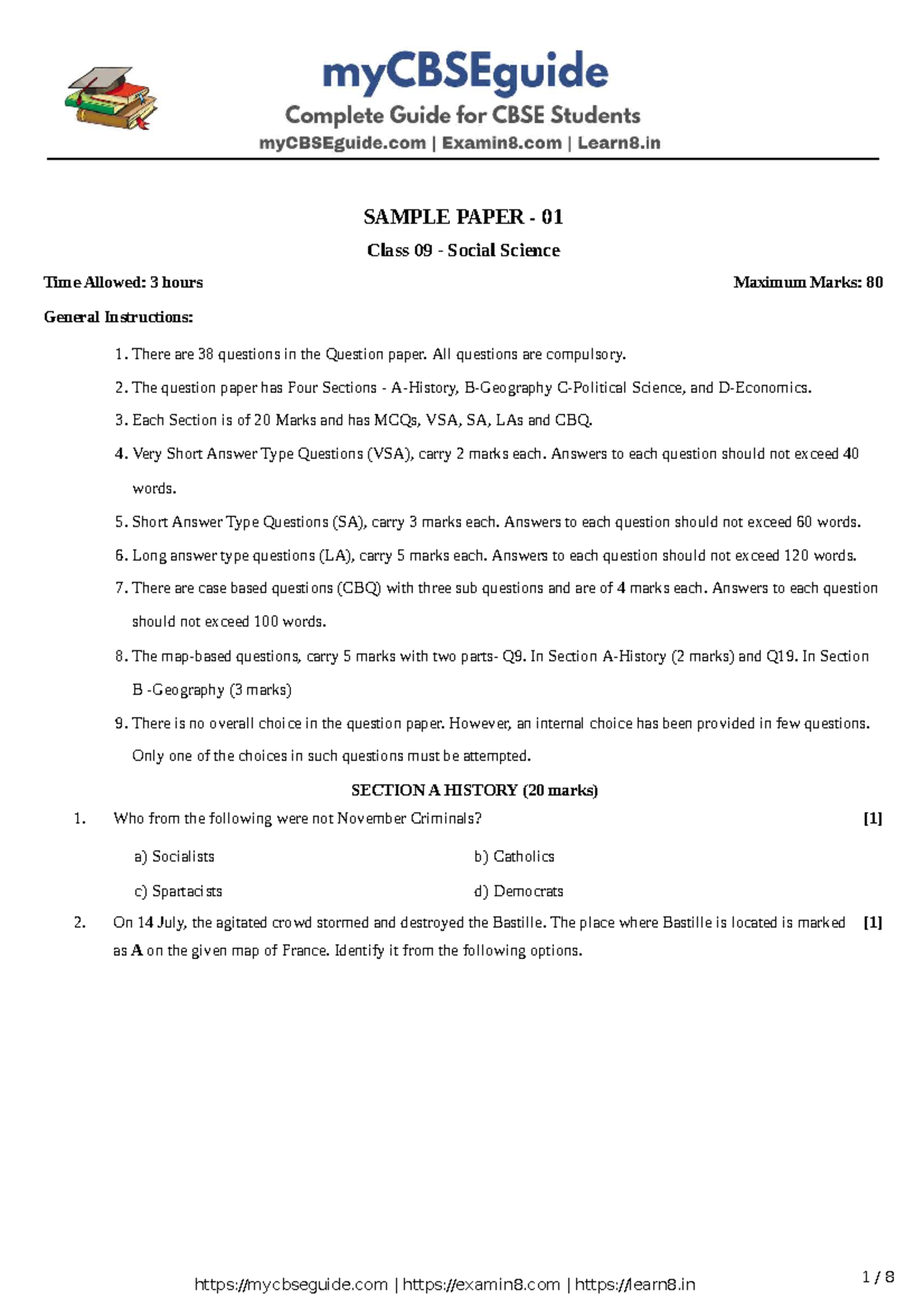 Class 09 Social Science Sample Paper 01 - 3 Hours, 80 Marks - Studocu