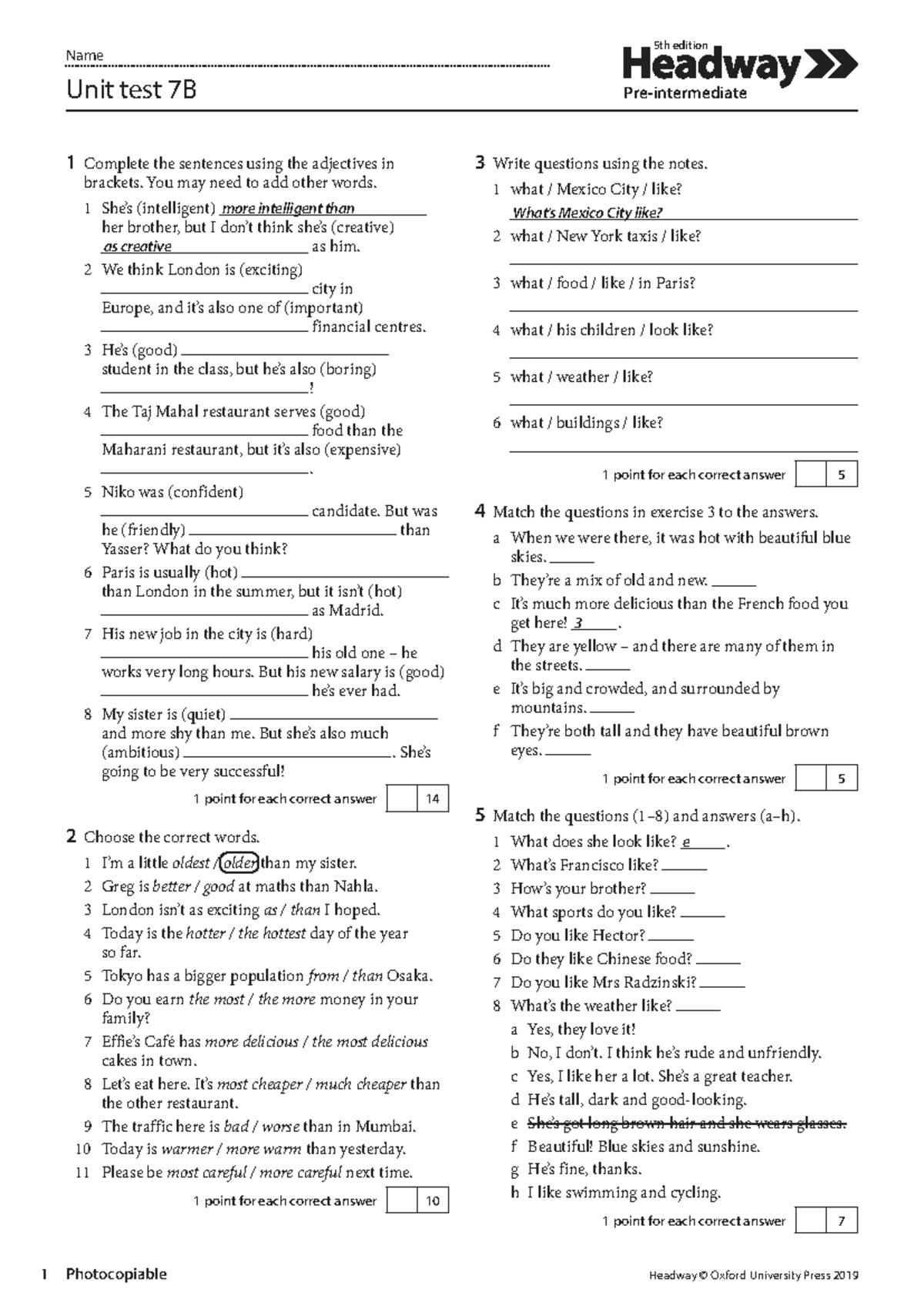 HW5e Pre Intermediate Unit 7B Test: Adjectives & Sentence Completion ...