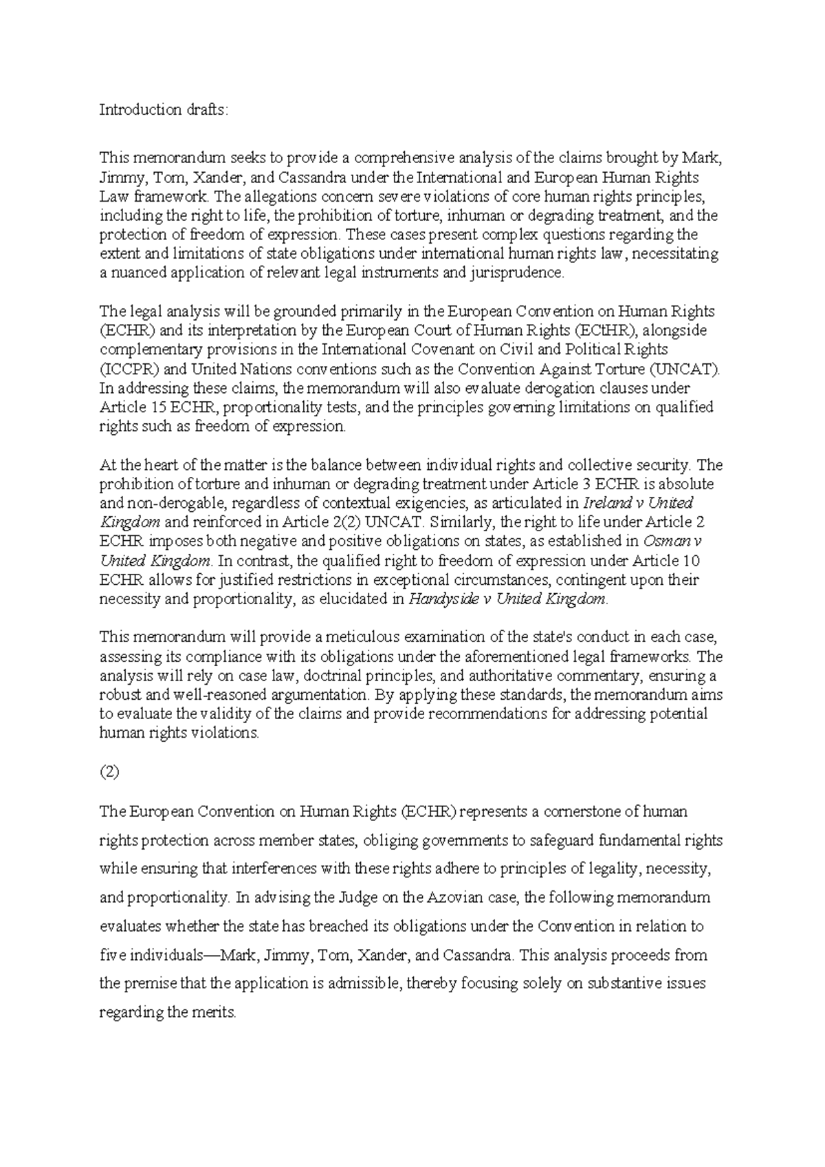 Memorandum on Human Rights Violations: ECHR Analysis of Claims (HR 101 ...