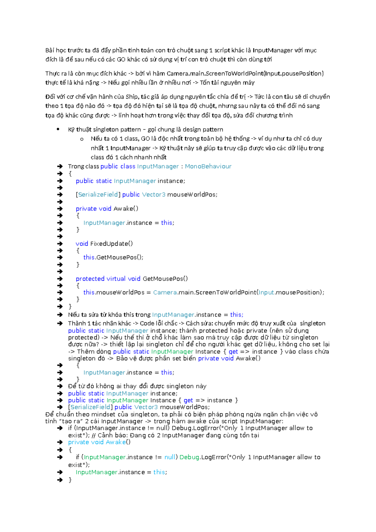 E4 Singleton Pattern - Ghi chú bài học về InputManager - Studocu