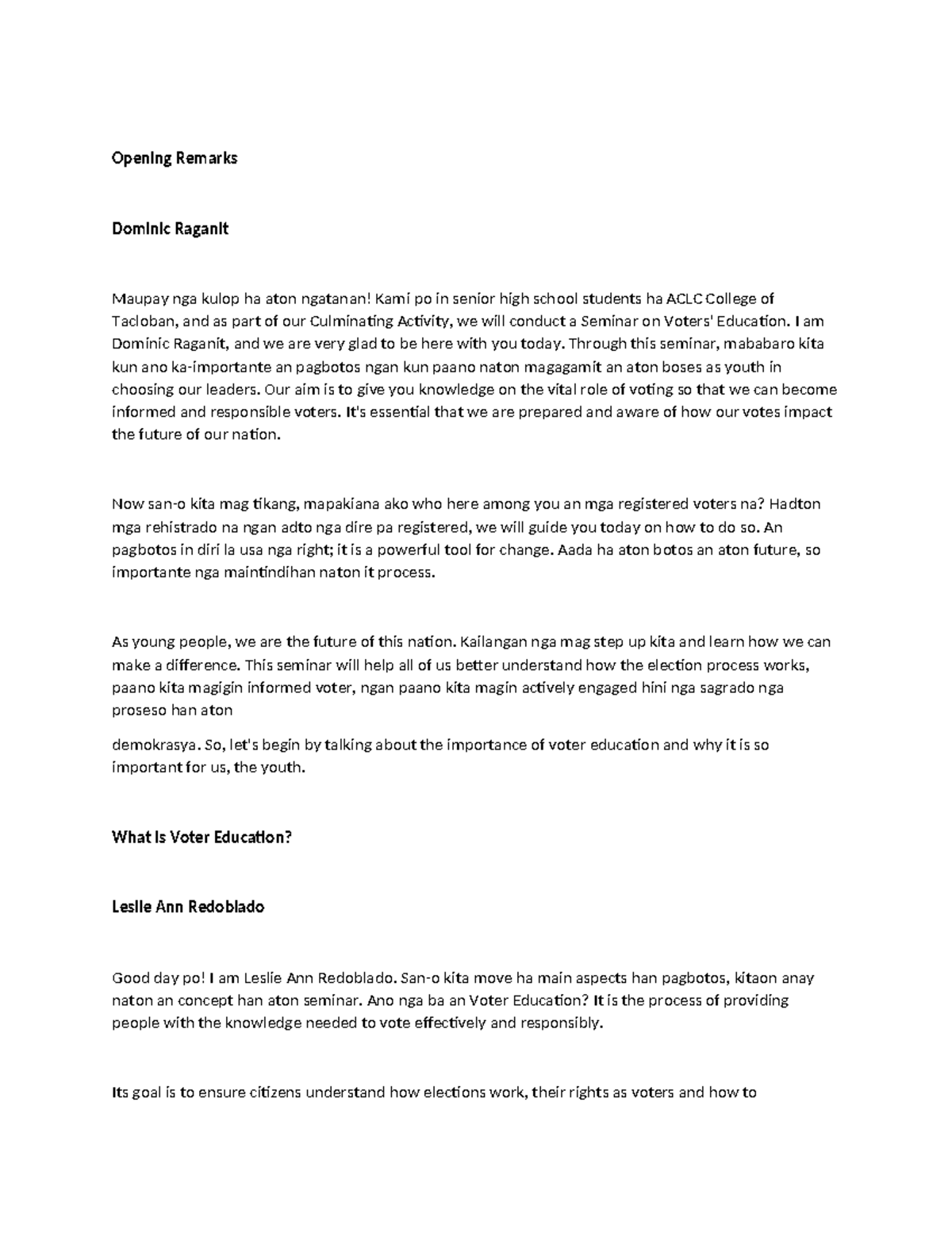 Opening Remarks - script for culminating activity(local dialect ...