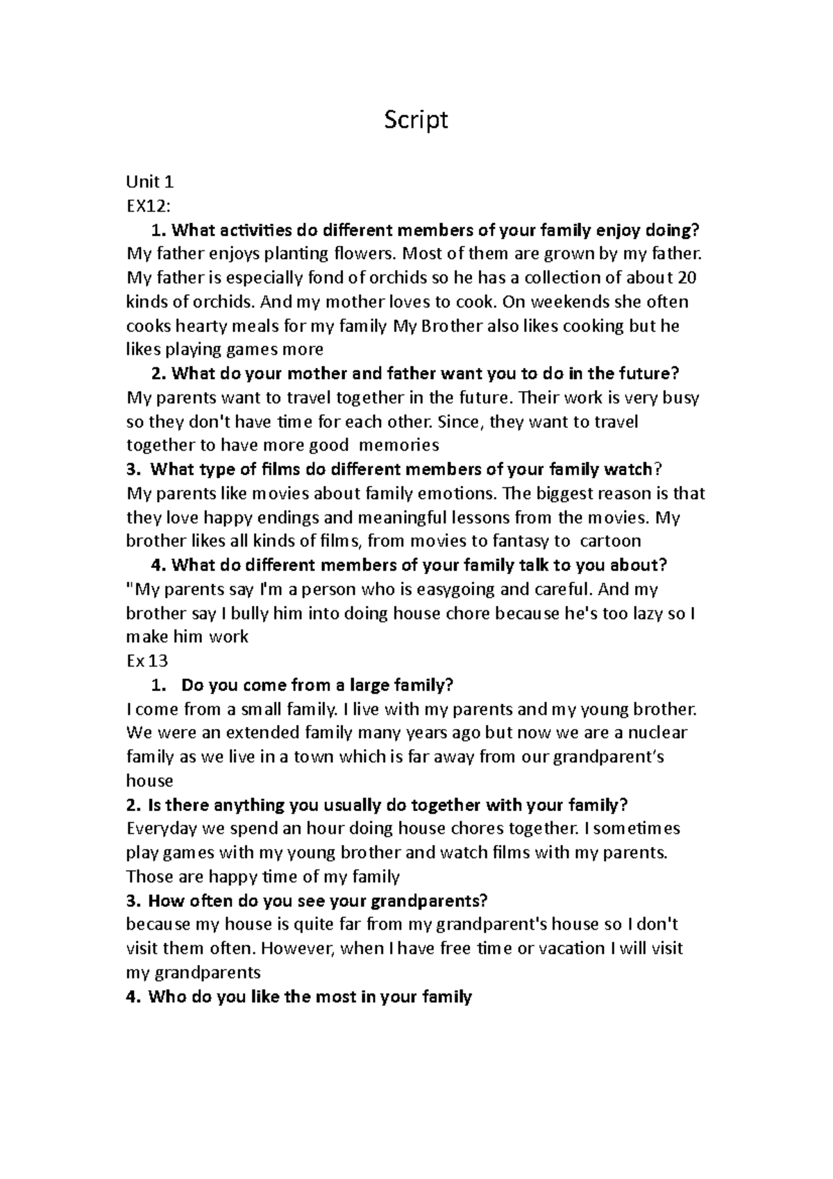 Scripts - tiếng anh - Script Unit 1 EX12: 1. What activities do ...