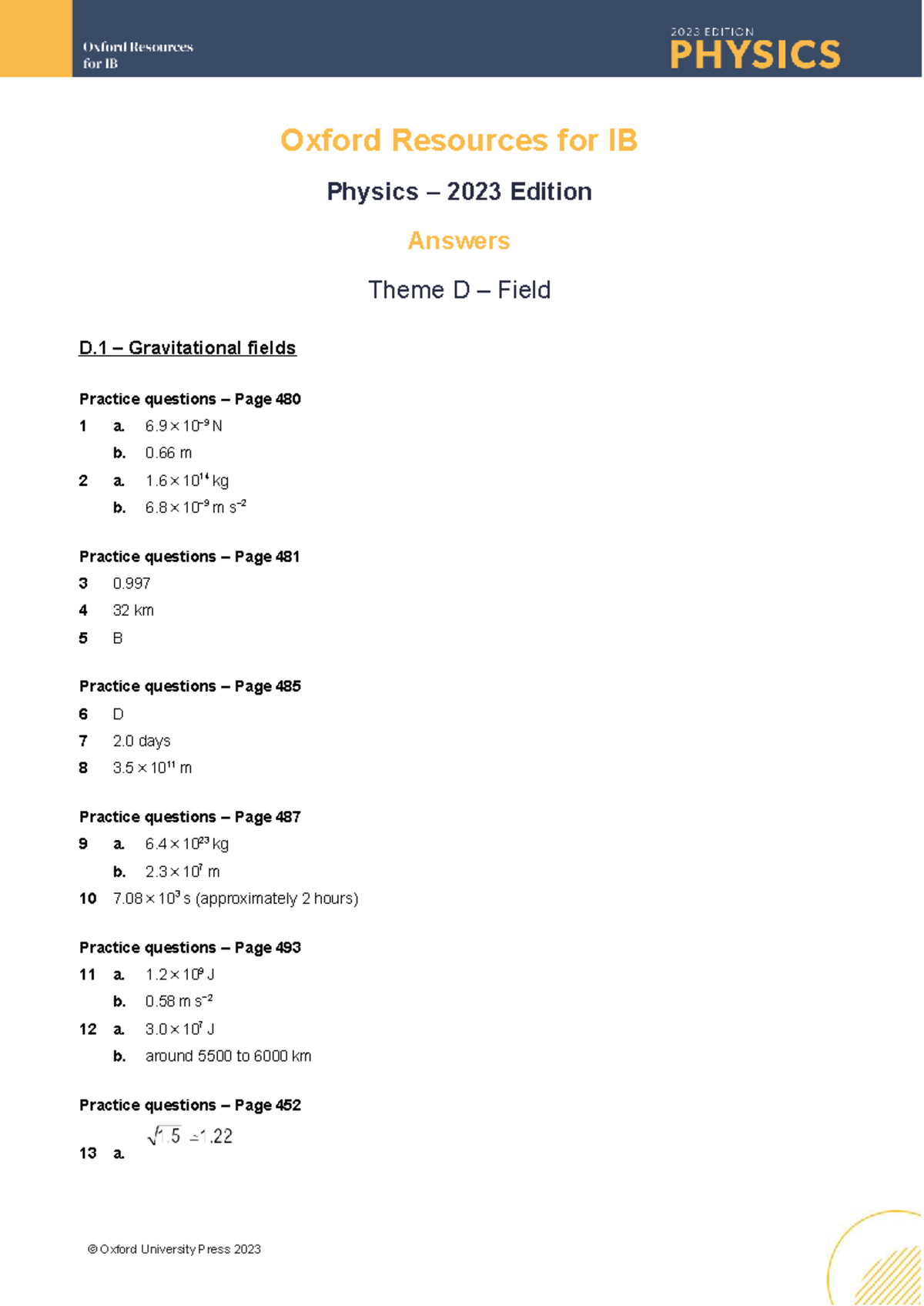 IB Physics Answers Theme D - Oxford Resources 2023 Edition - Studocu