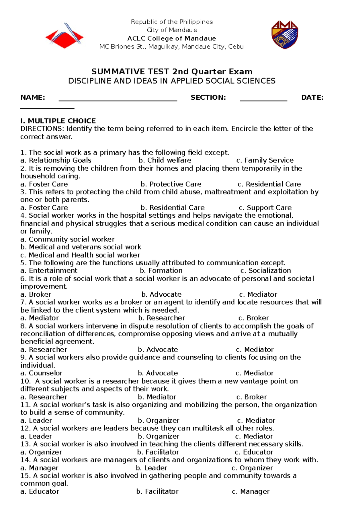 DIS-101 - Summative Test 2nd Quarter Exam in Applied Social Sciences ...