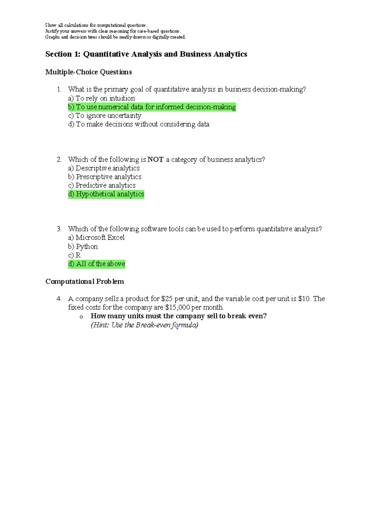 Quantitative Analysis & Decision Techniques: Assignment for Weeks 1-3 ...