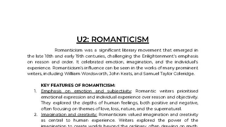 U2: ROMANTICISM - Key Features and Analysis of Major Works - Studocu