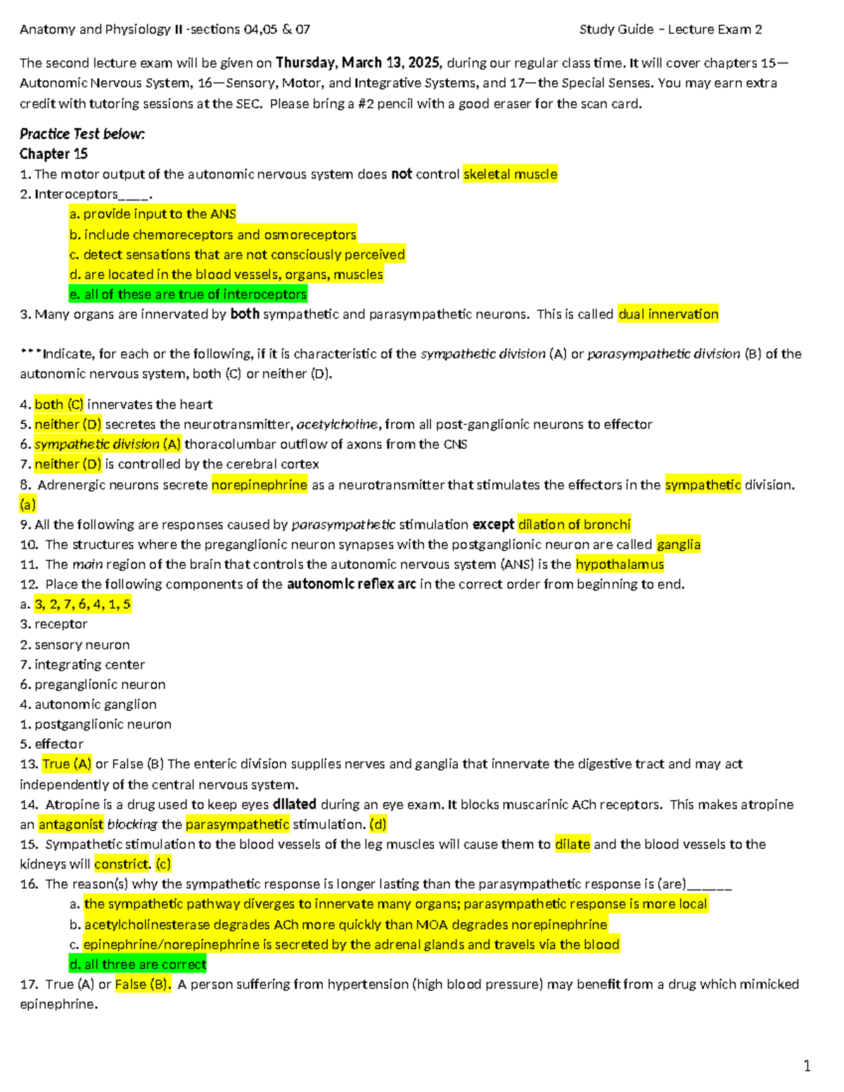 Anatomy and Physiology II - Lecture Exam 2 Study Guide (Sec. 04, 05 ...