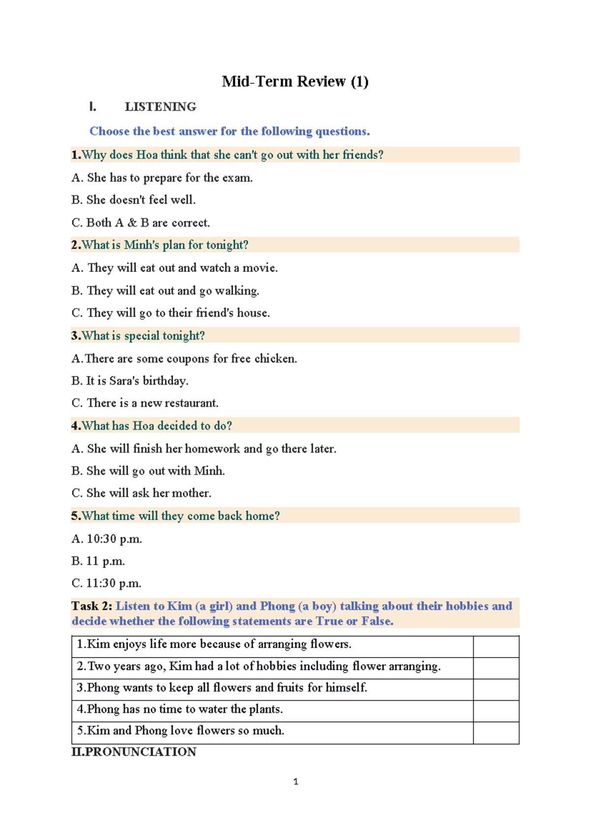 7th Grade 1st Midterm Listening & Pronunciation Review - Studocu
