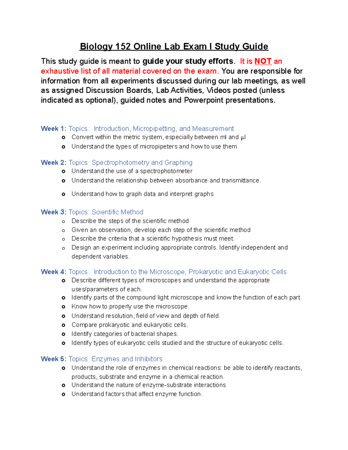 Biology 152 Lab Exam I Study Guide: Key Concepts & Topics - Studocu