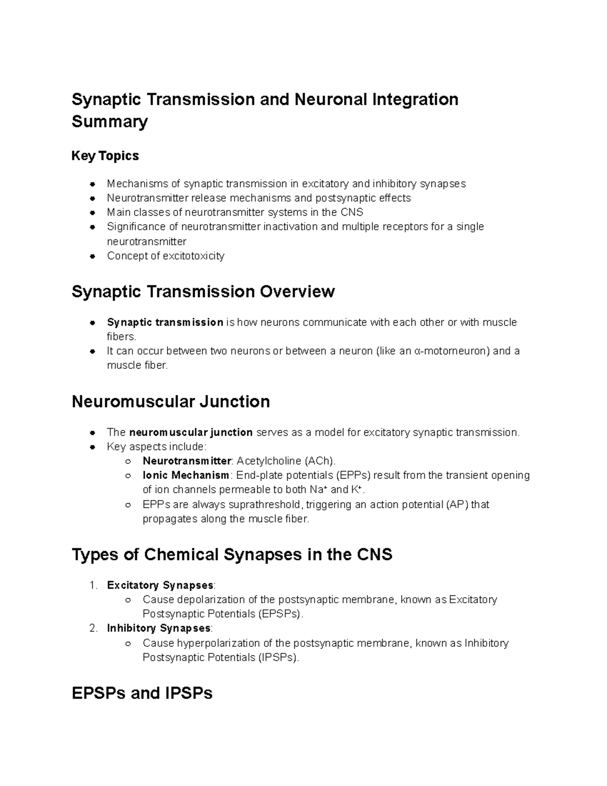 Synaptic Transmission & Neuronal Integration Summary: Key Mechanisms ...
