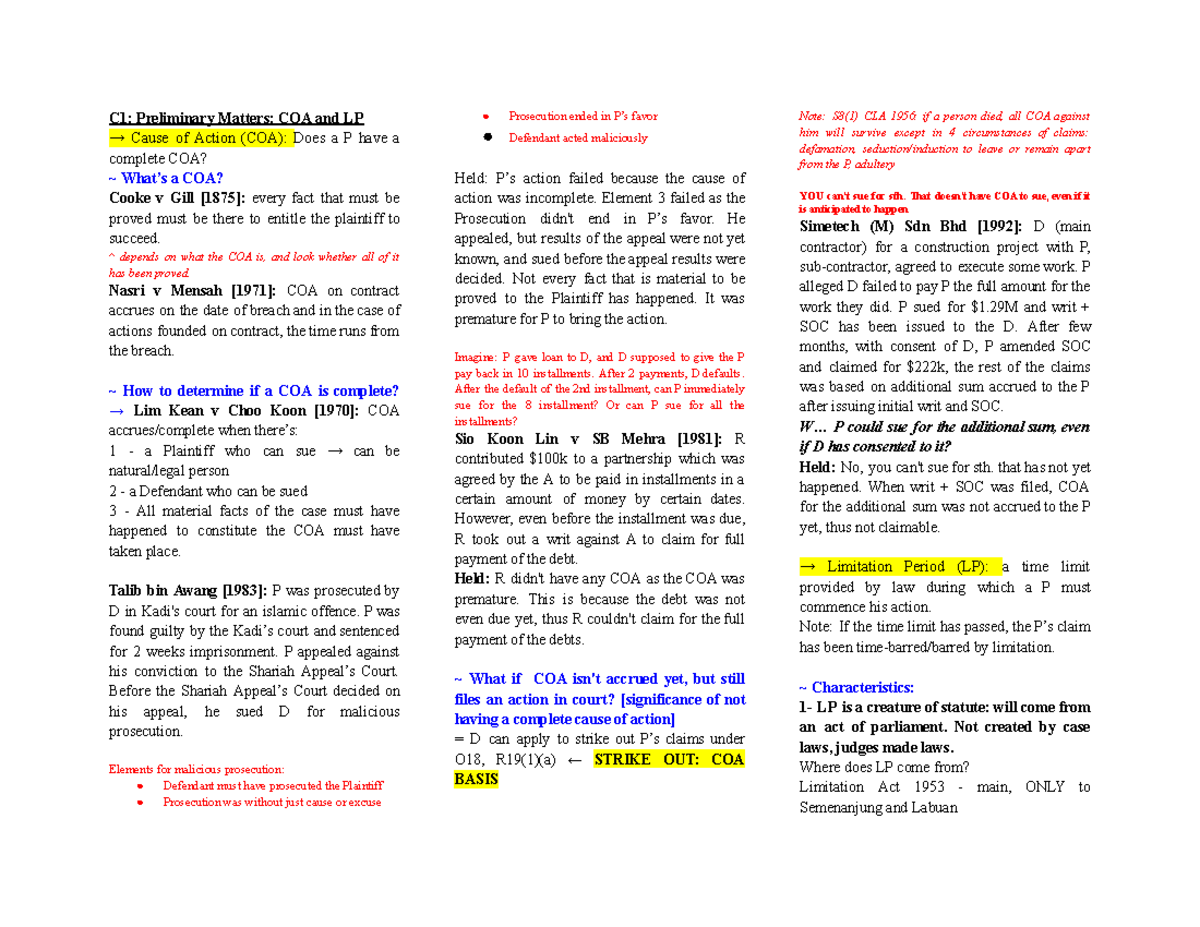 Civil Procedure I - Preliminary Matters: Cause of Action & Limitation ...