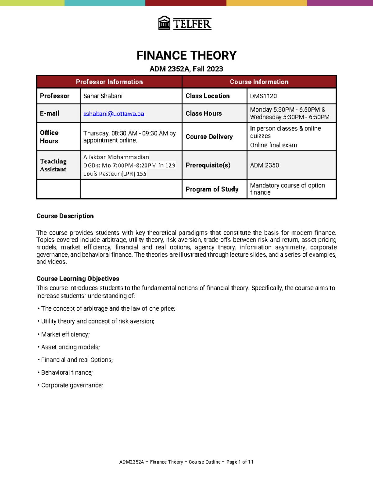 ADM 2352A Finance Theory Course Outline - Fall 2023 - Studocu