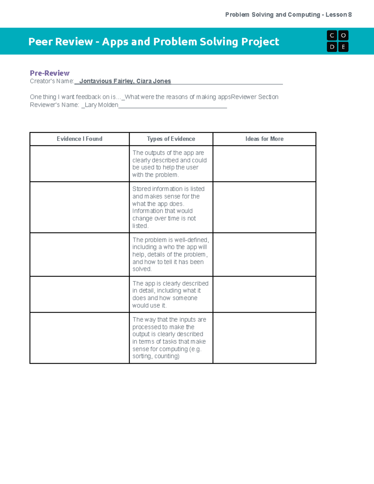 U1L08 - Peer Review - Apps & Problem Solving Project Insights - Studocu