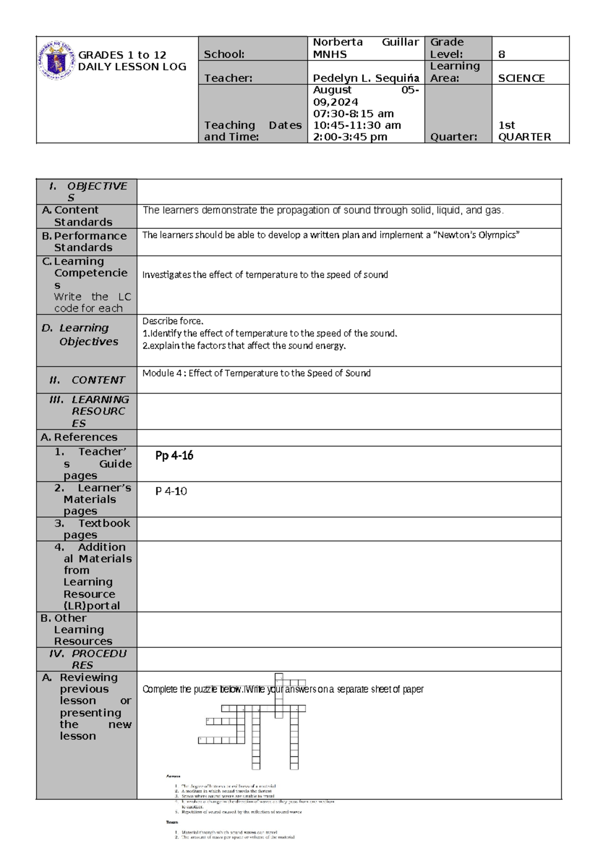 Q1 dll day 4 .Science 8 - GRADES 1 to 12 DAILY LESSON LOG School ...