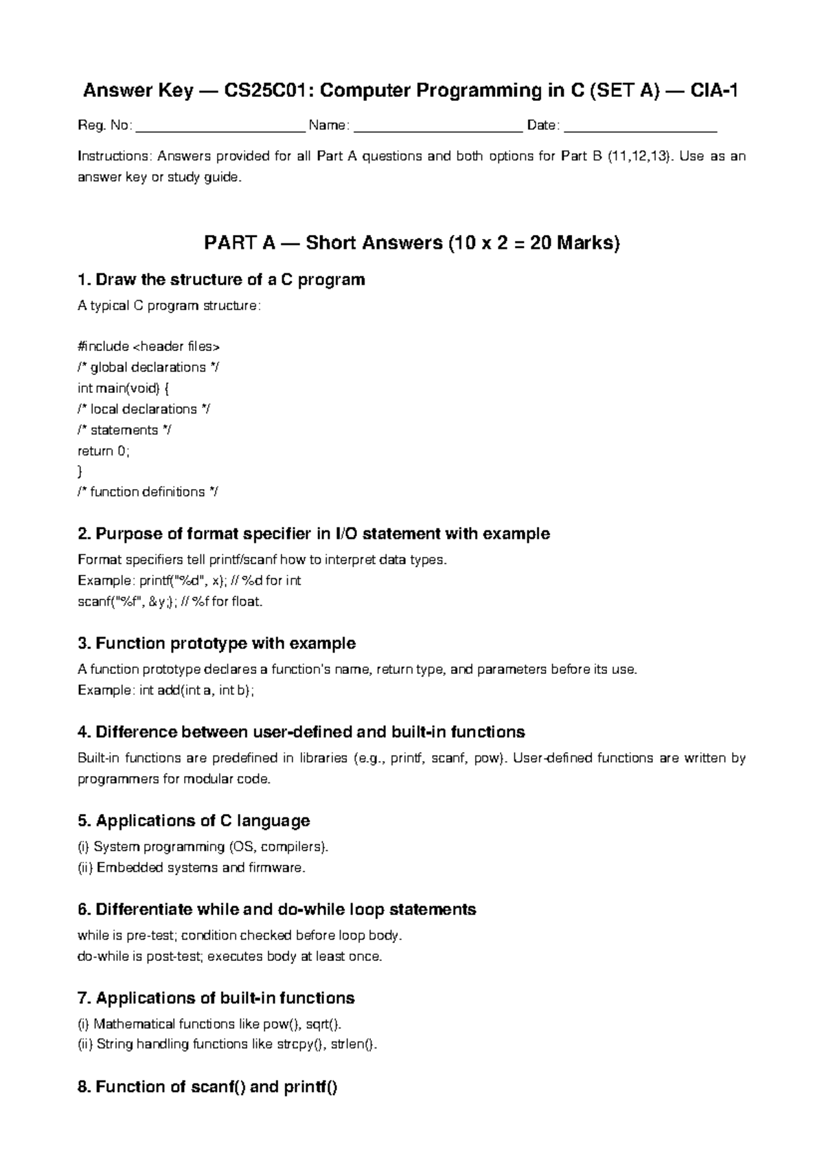 Answer Key CS25C01: Computer Programming in C - SET A Study Guide - Studocu