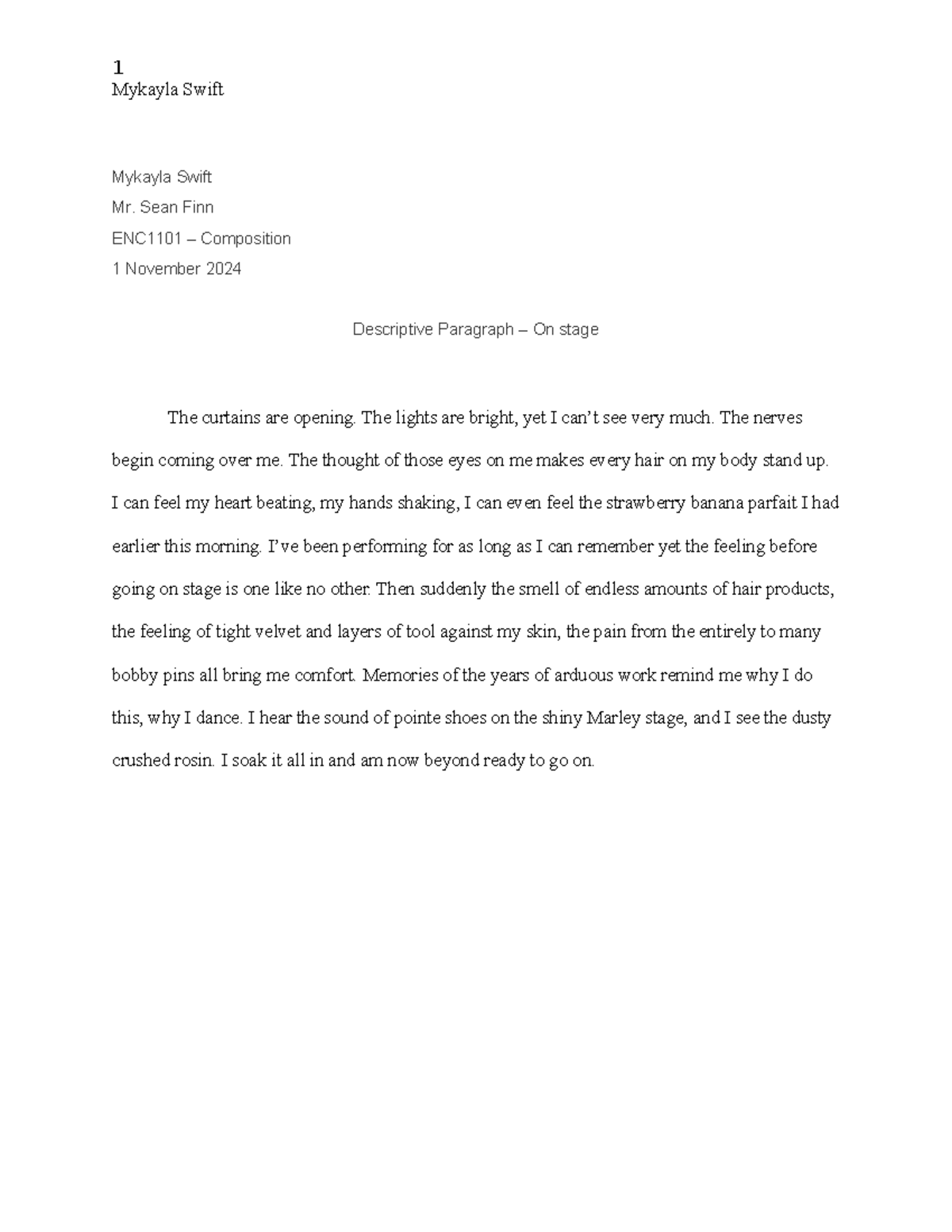 FSCJ - Descriptice Paragraph - 1 Mykayla Swift Mykayla Swift Mr. Sean ...