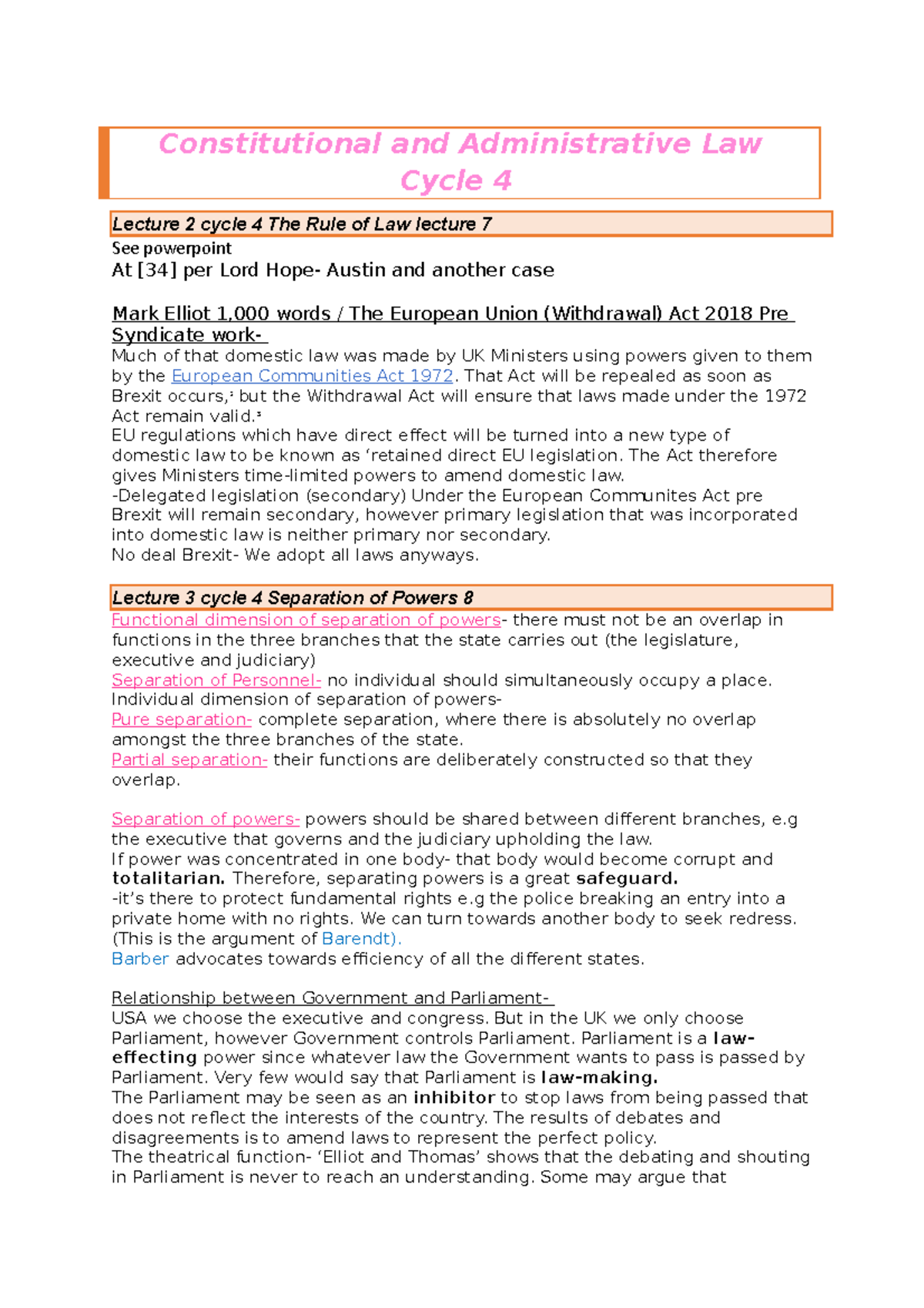 Constitutional and Administrative Law Separation of Powers + Rule of ...