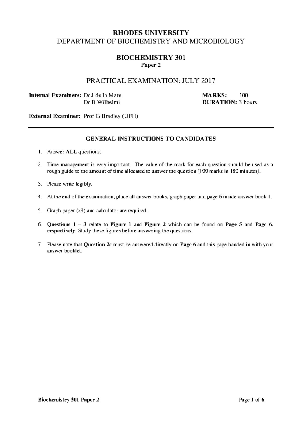 Biochemistry 301 Practical Exam: Paper 2 July 2017 - Marking Guide ...