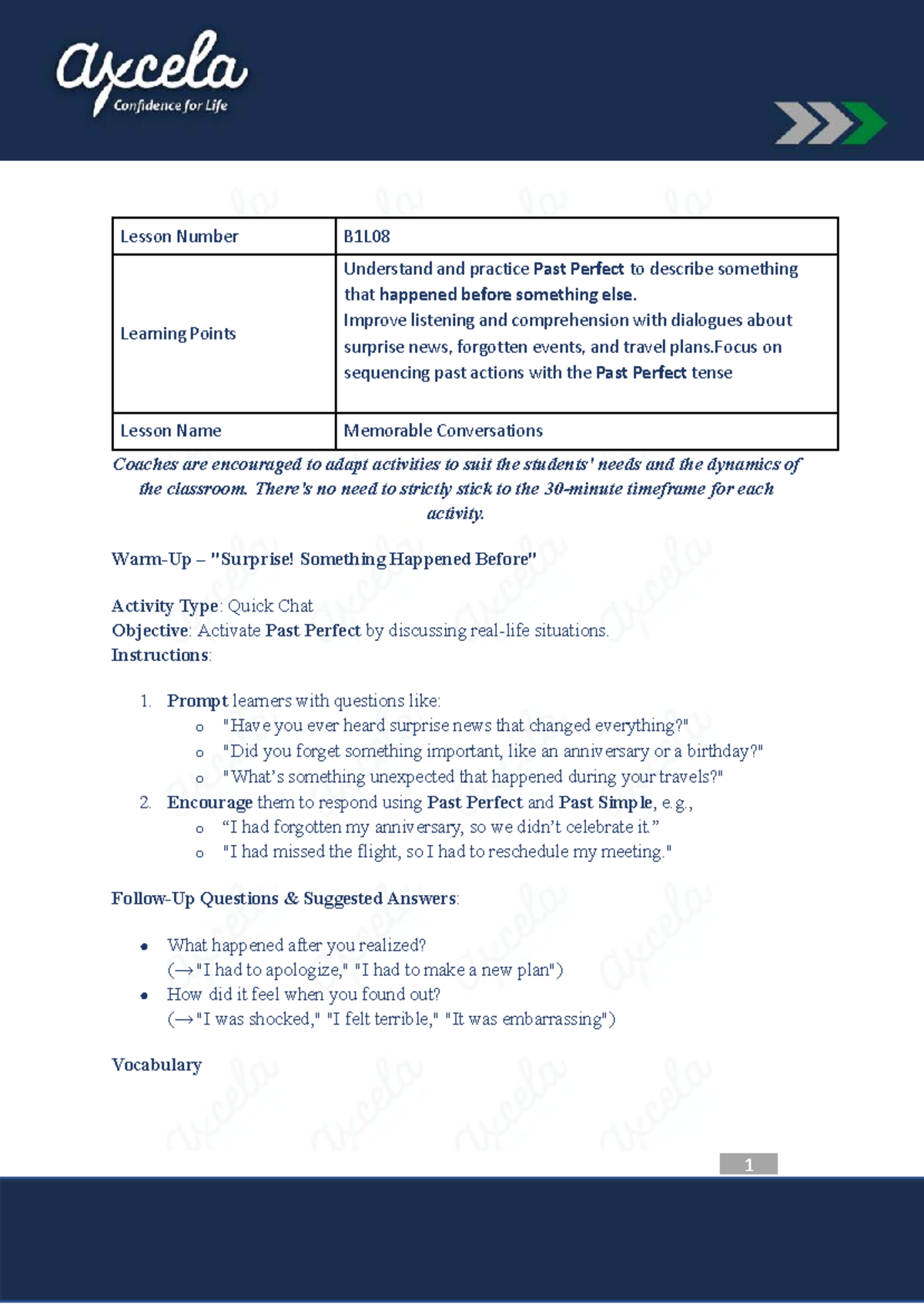 B1L08 - Lesson on Past Perfect: Memorable Conversations & Activities ...