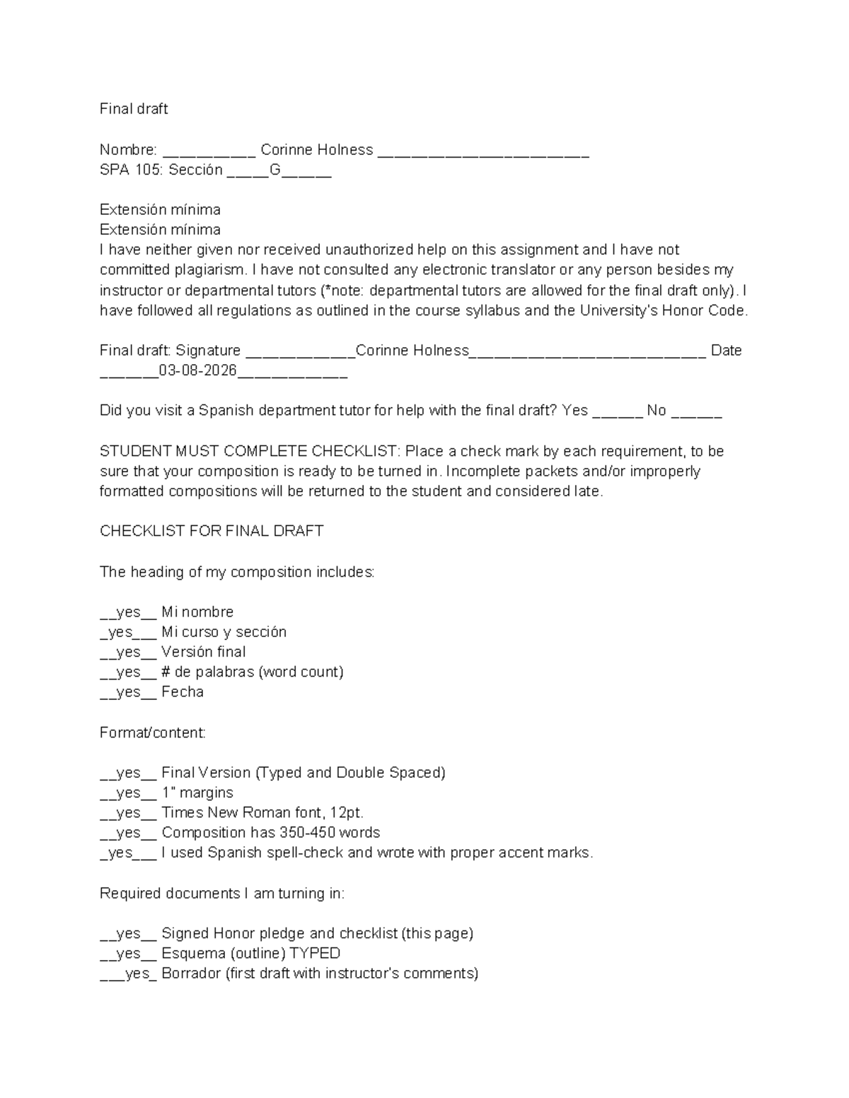 Final Draft Checklist for SPA 105: Corinne Holness - Studocu