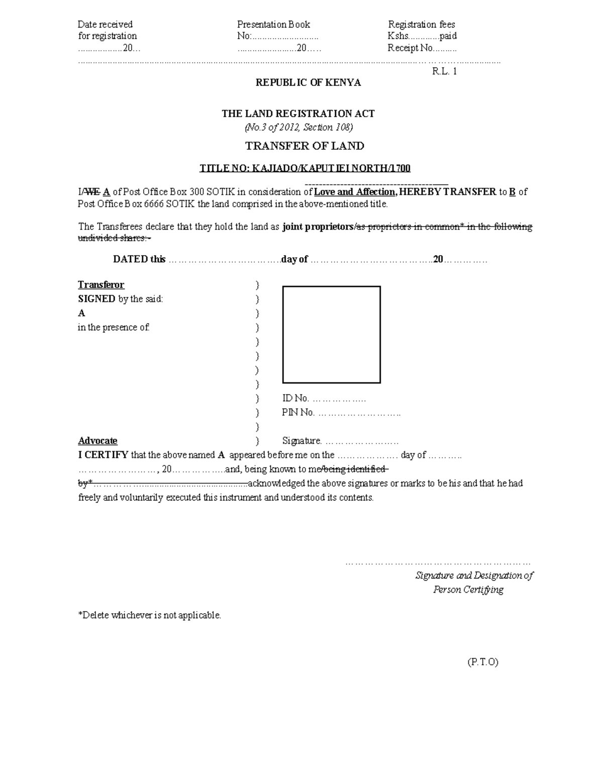 LRA(RLA) Transfer of Land Title No: A - Registration Details - Studocu