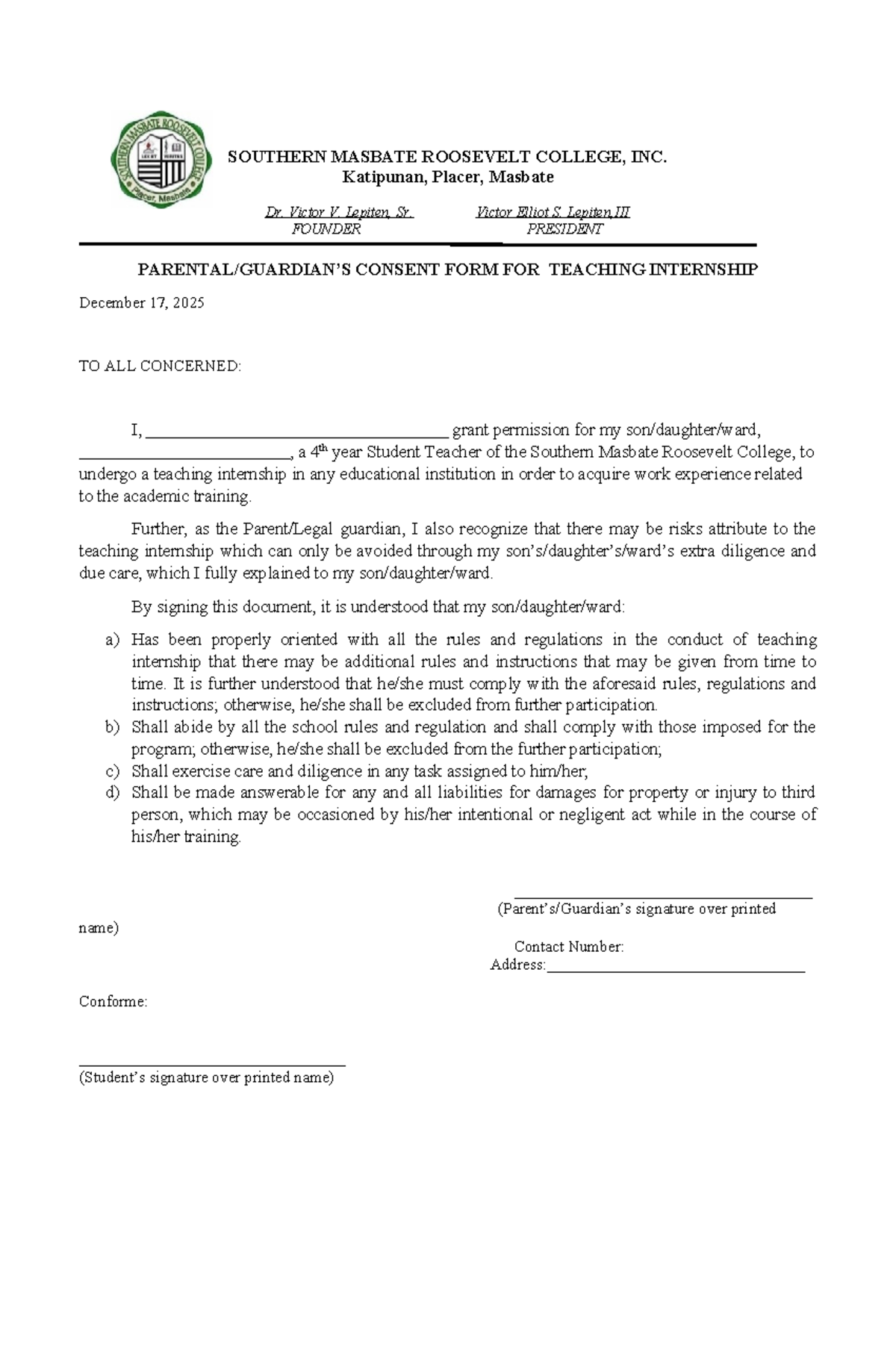 Parental Consent Form for Teaching Internship - SMRC 2025 - Studocu