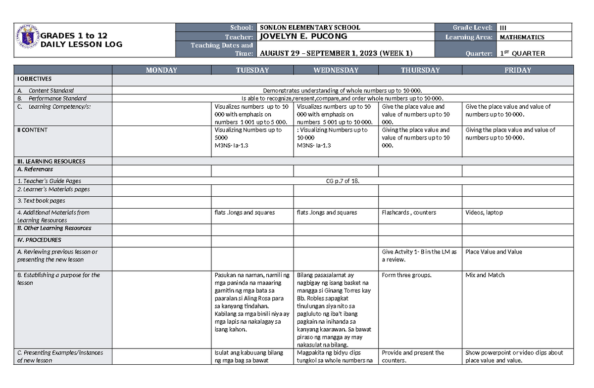 DLL MATH 3 Q1 W1: Daily Lesson Log for Grade 3 Mathematics - Studocu